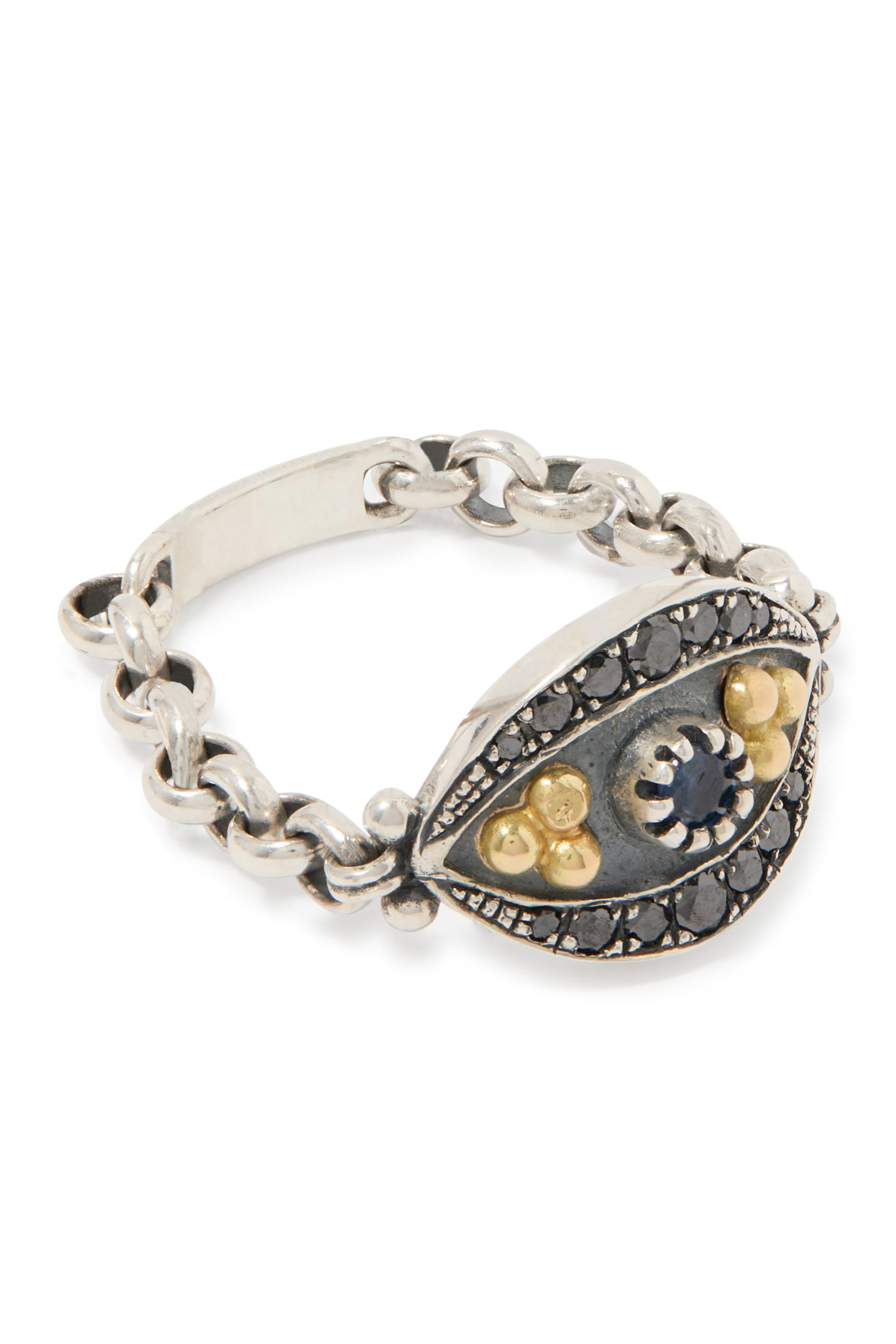 Eye of Horus Ring, 18K Yellow Gold with Sterling Silver, Sapphire & Diamonds