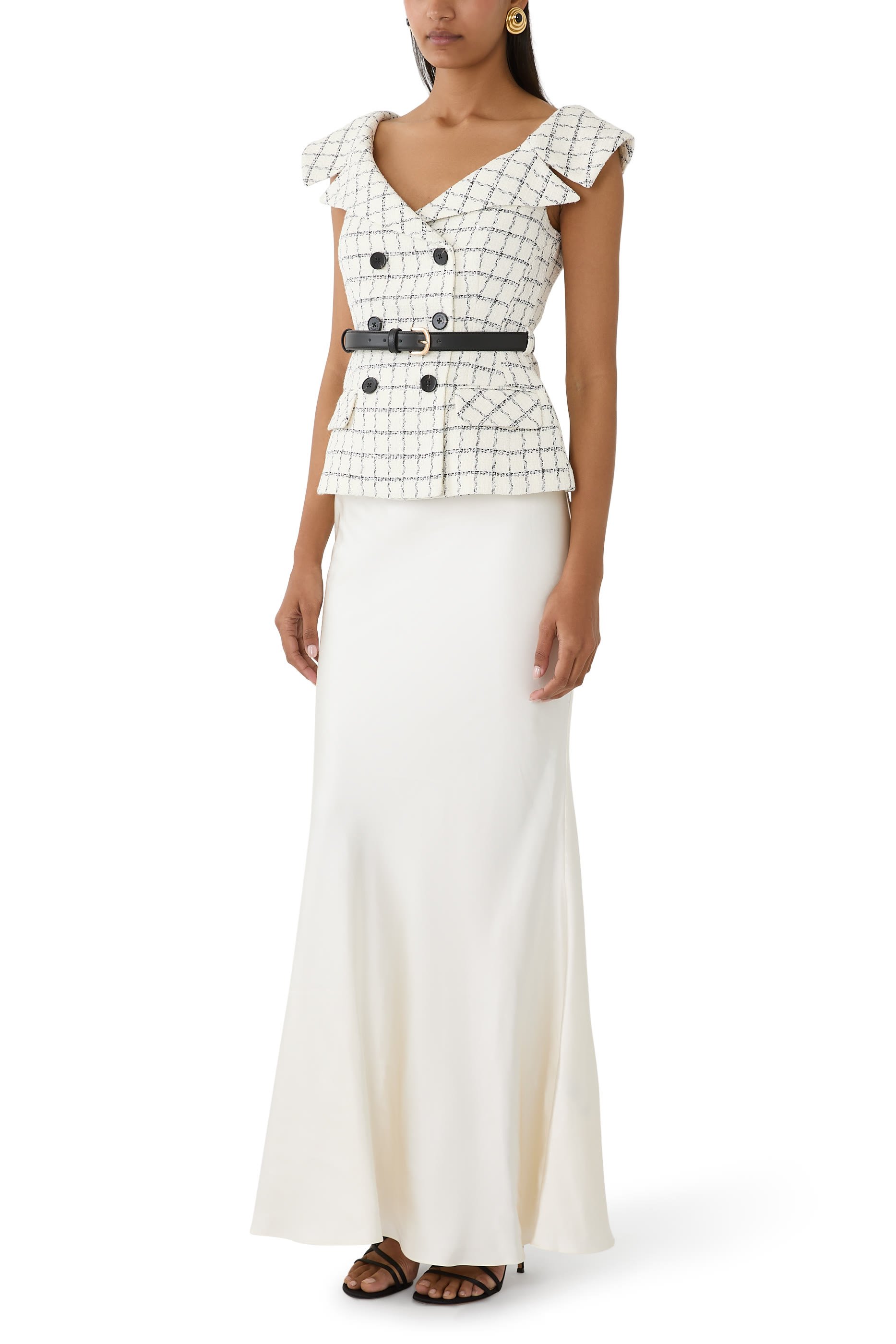 Check Boucl&eacute; Satin Maxi Dress