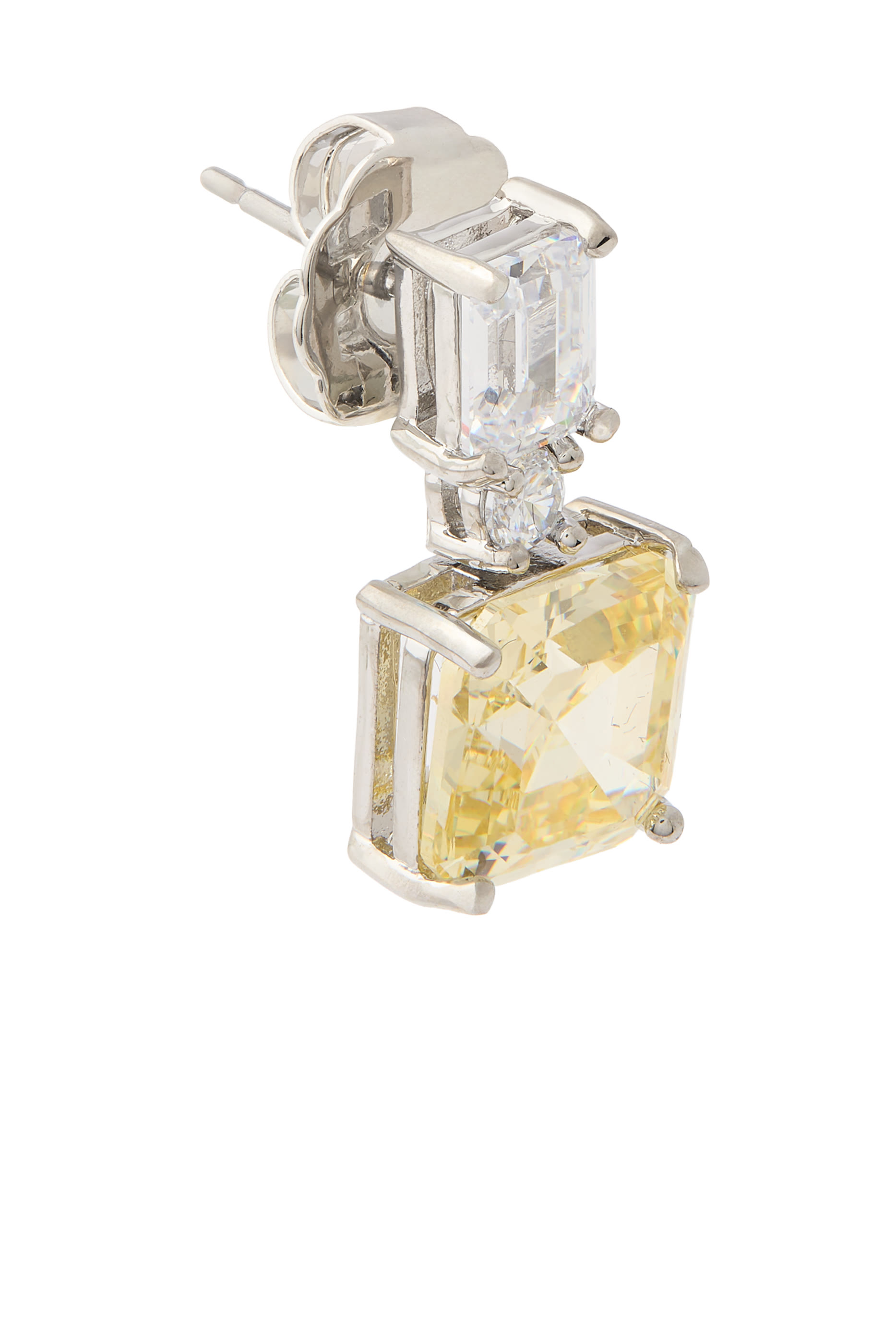 Double Cushion Drop Earrings, Rhodium Plated Brass & Cubic Zirconia