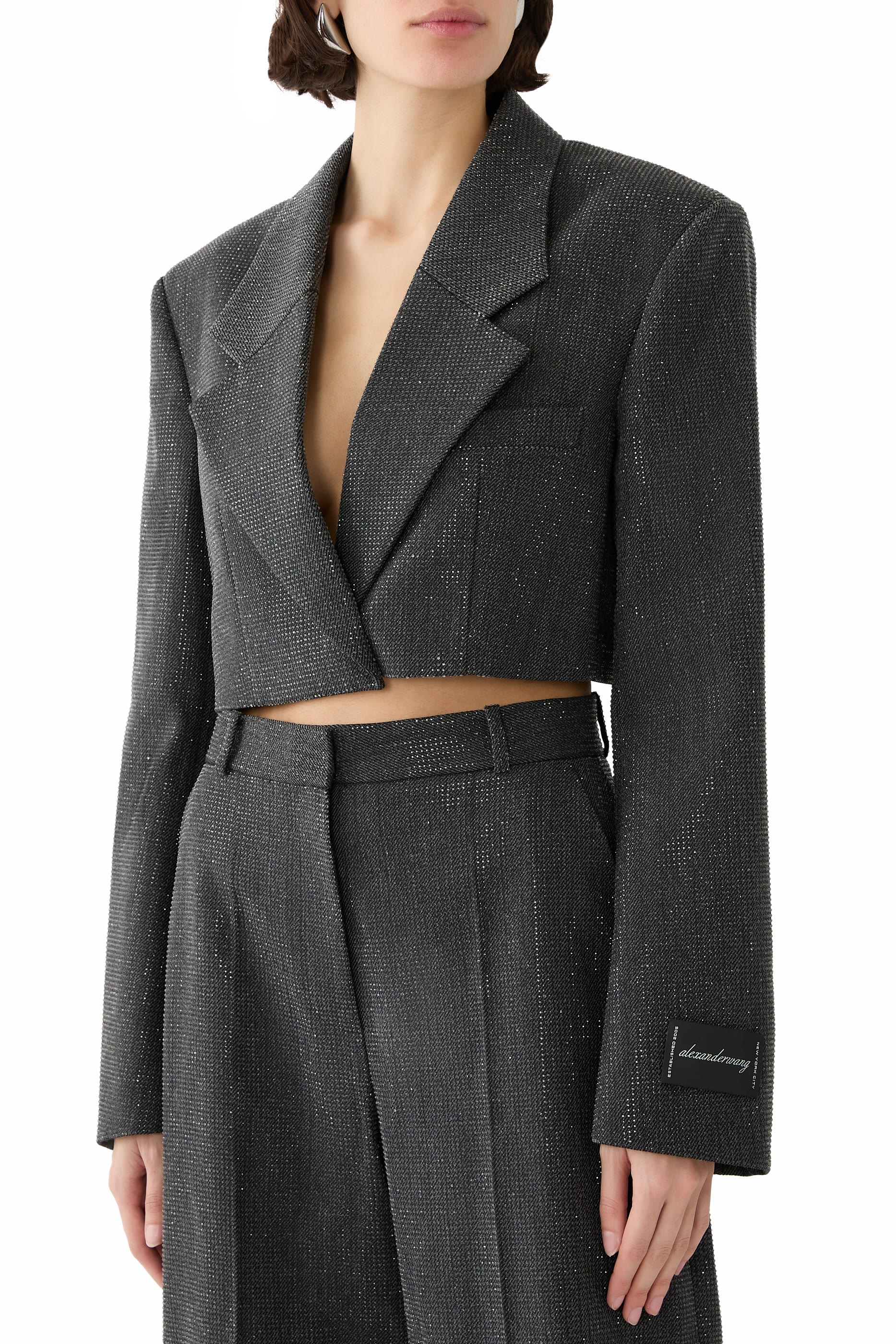 Clear Bead Hotfix Cropped Blazer in Wool Twill