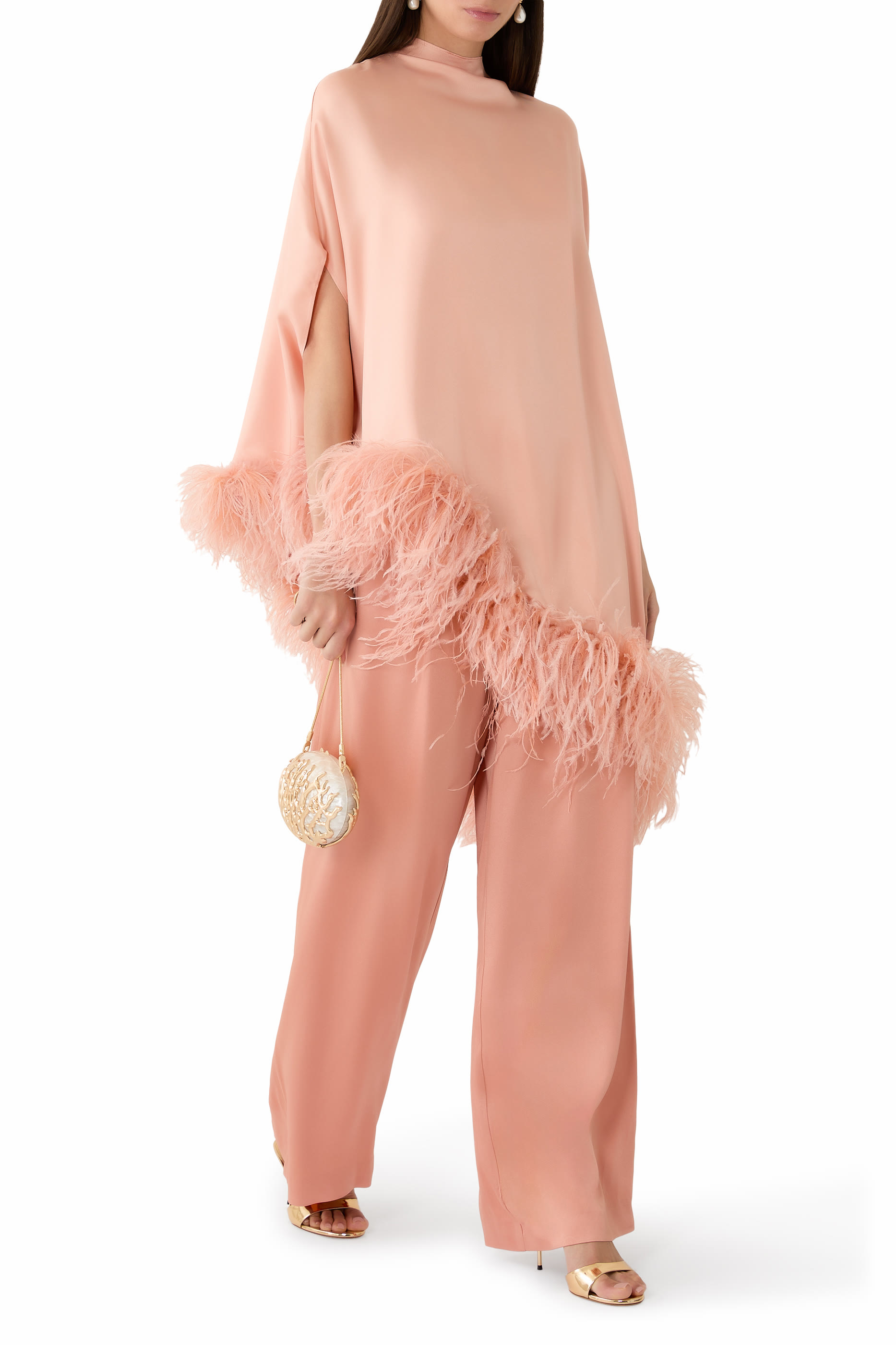 Silky Twill Asymmetric Cape Top With Feathers 