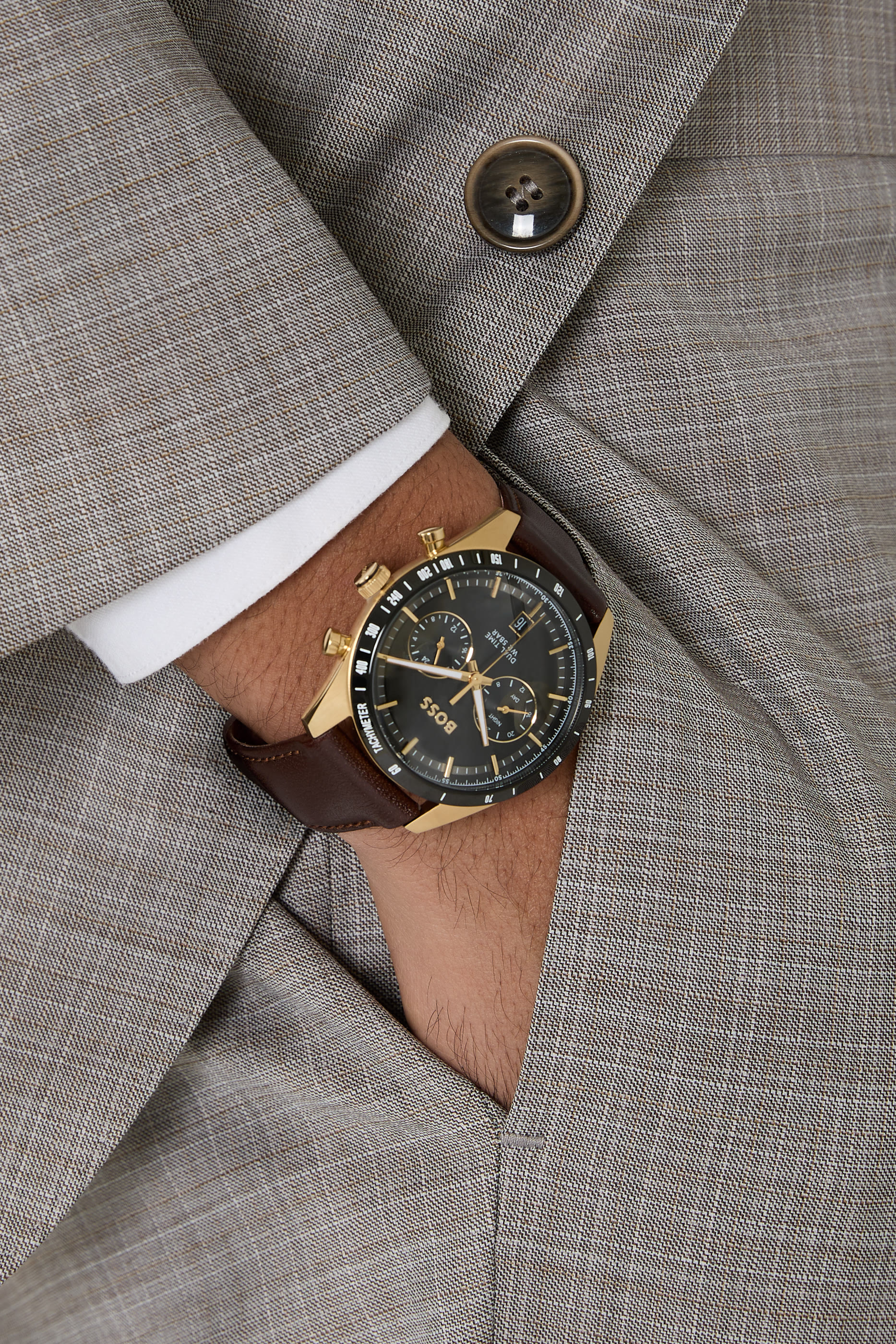 Tourmaster Gold-Tone Watch with Brown Leather Strap 