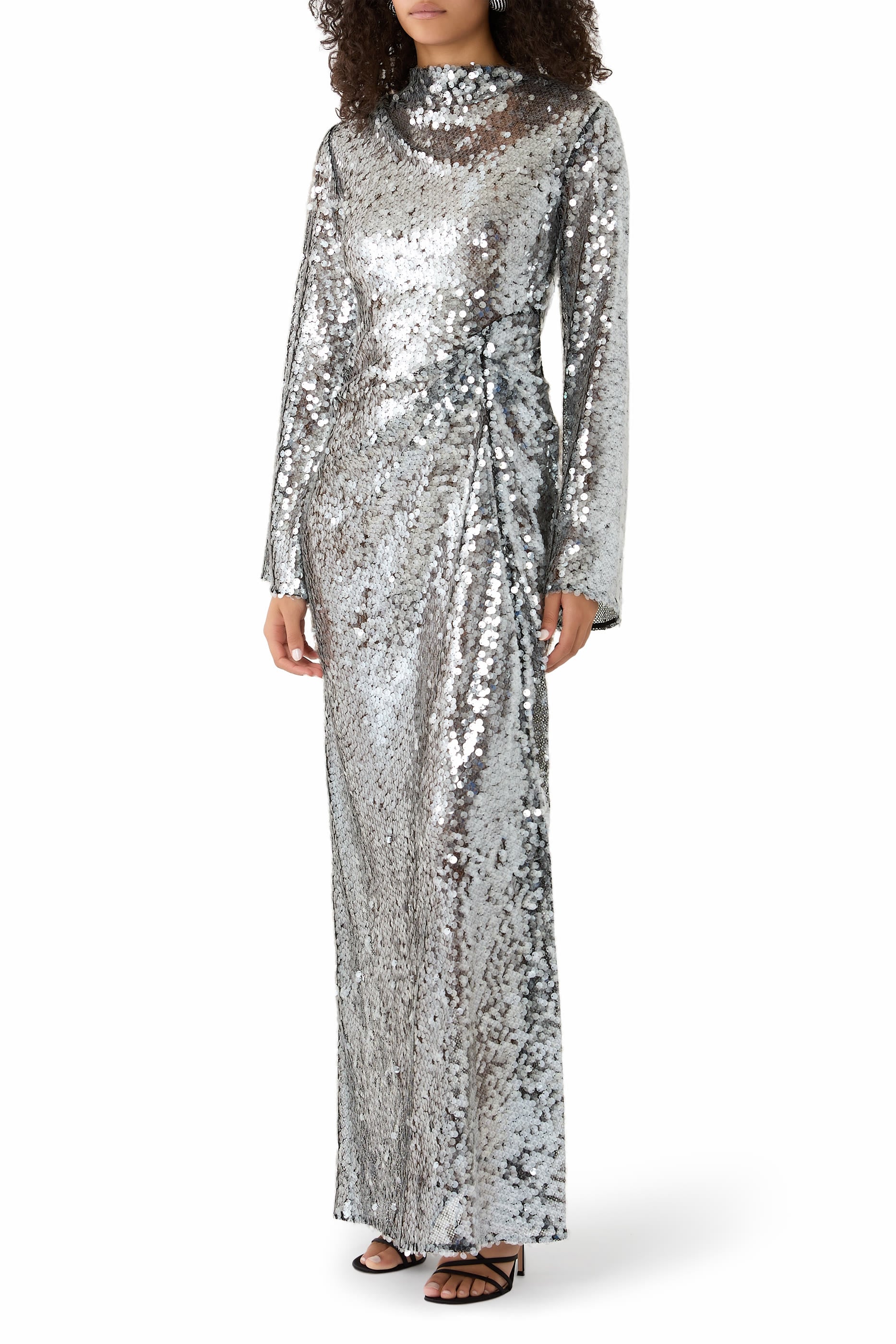 Side Tucks Sequin Long Sleeves Gown