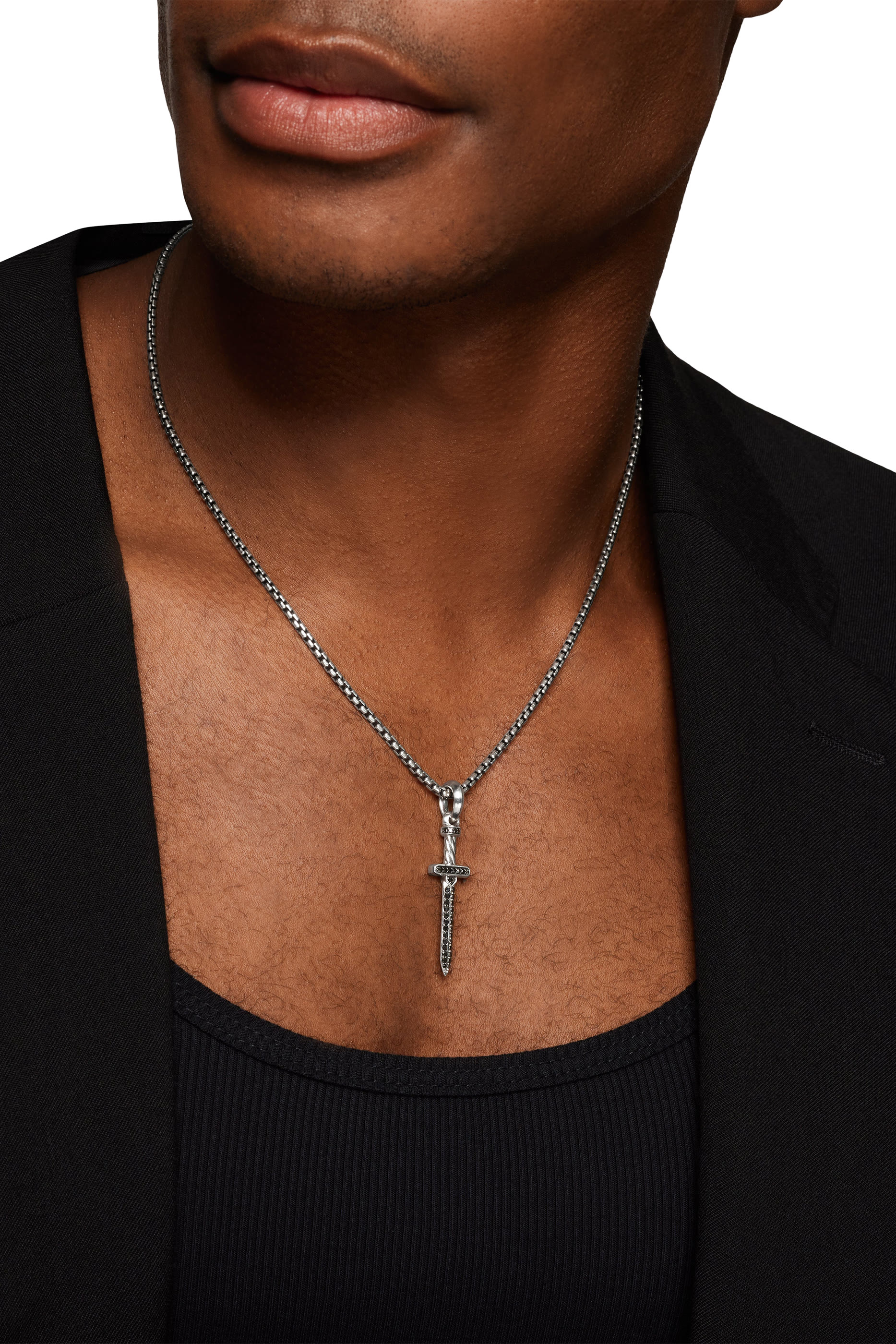  Pav&eacute; Sword Amulet, Sterling Silver with Black Diamonds