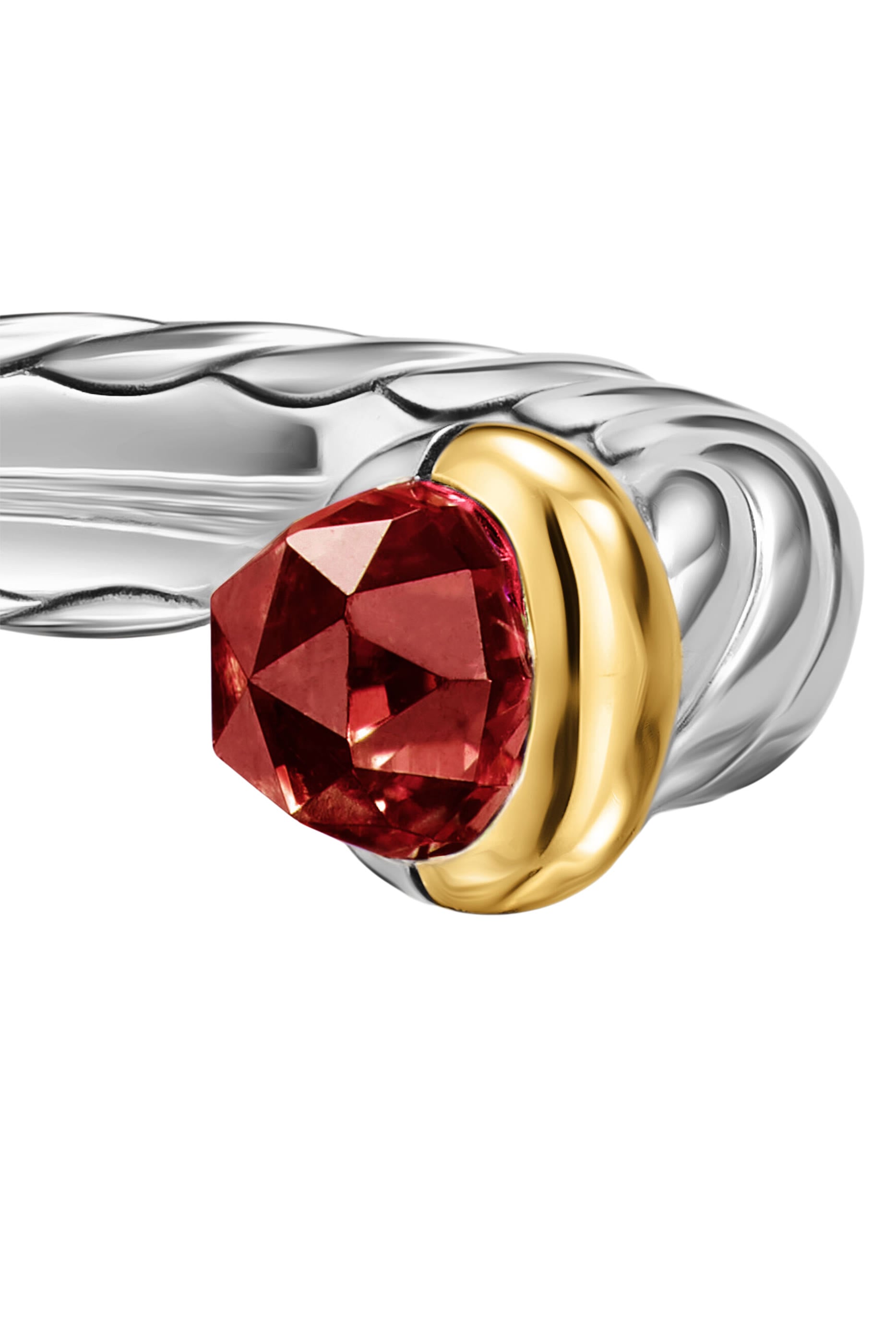 Petite Cable Open Ring, Sterling Silver with 14K Yellow Gold & Rhodolite Garnet