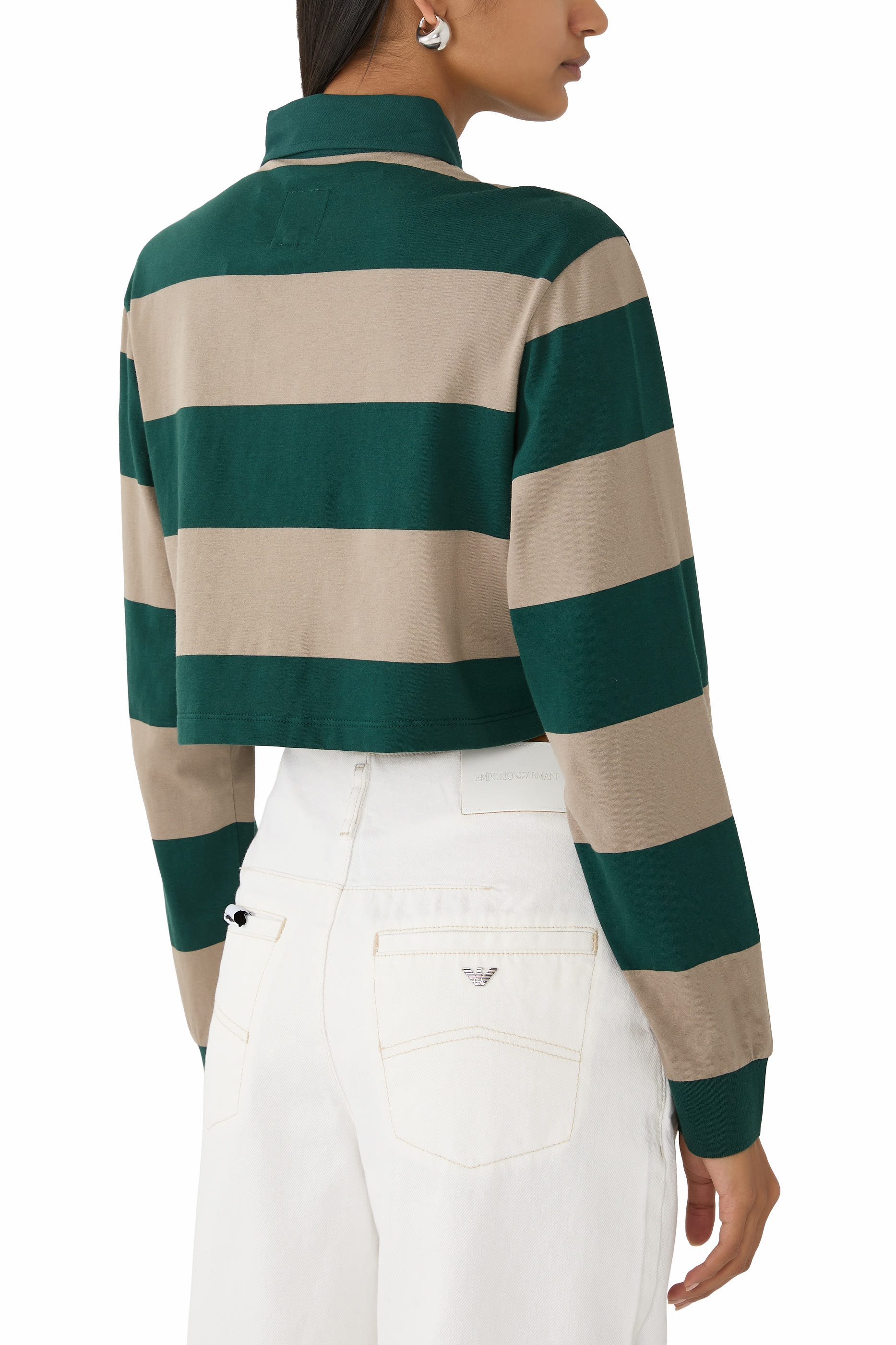 Cropped Polo Shirt in Maxi Striped Jersey with Eagle Club Patch