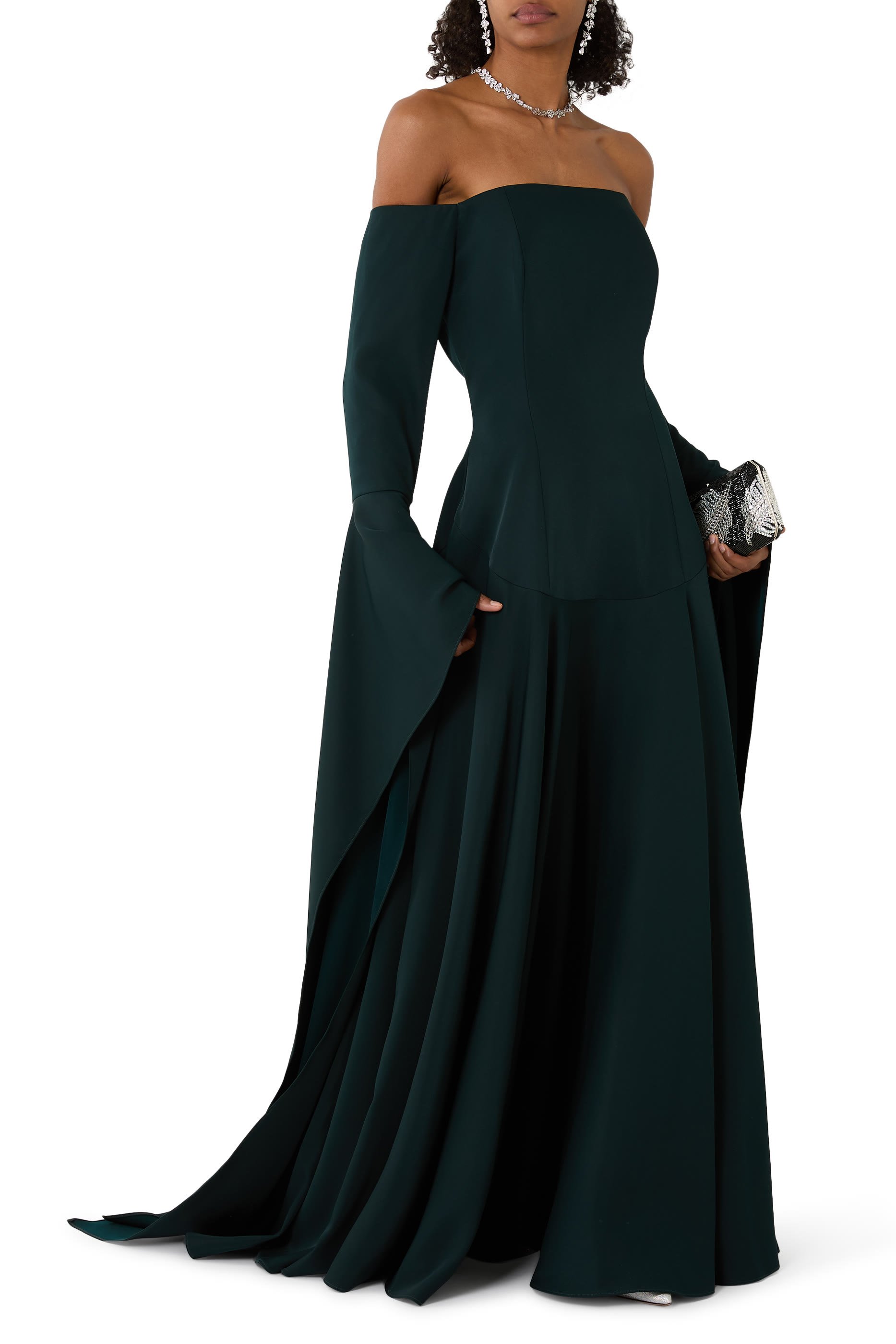 Off-Shoulder Statement Sleeve Crepe Gown