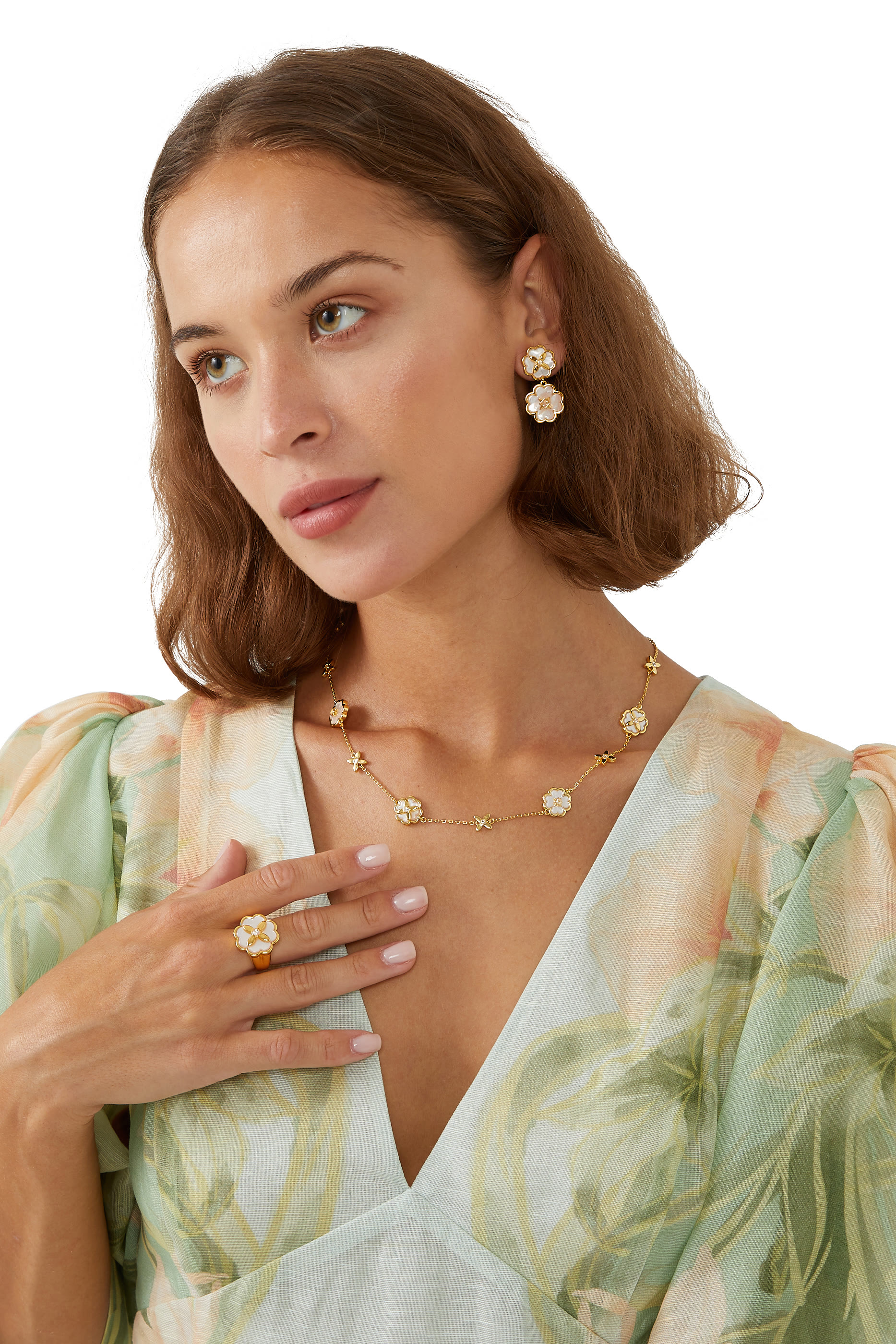 Heritage Bloom Signet Ring, Plated Metal With Cubic Zirconia & Mother of Pearl