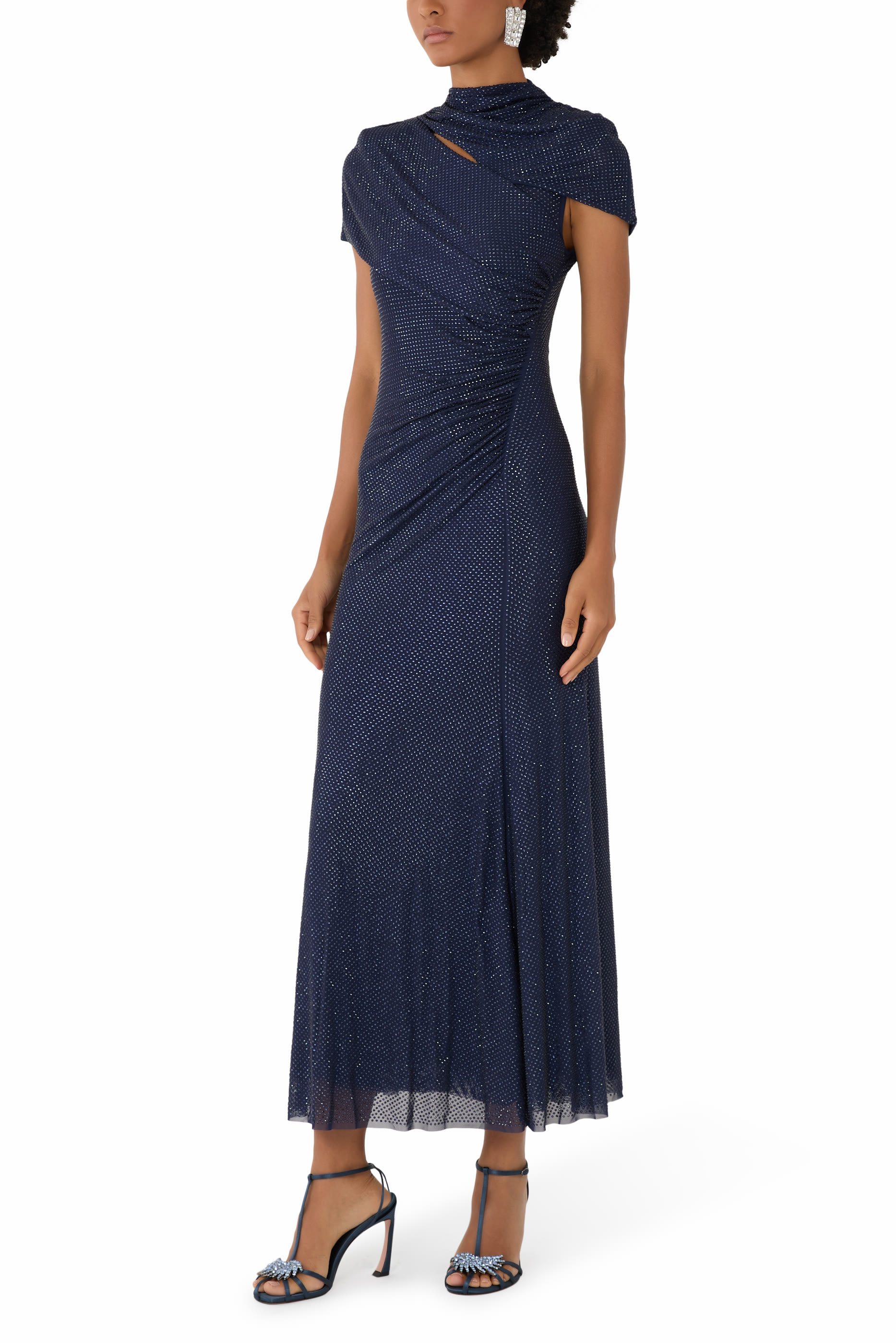 Rhinestone Mesh Cut Out Midi Dress