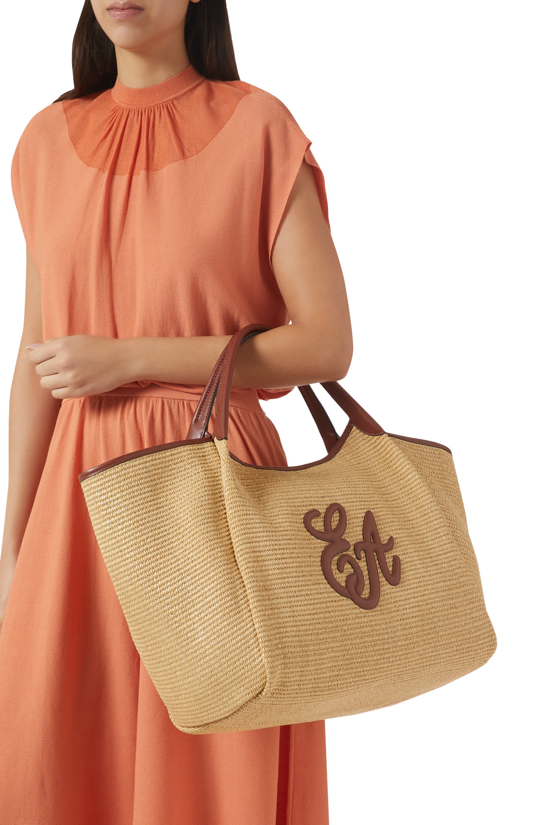 EA Logo Woven Straw Large Shopper Bag