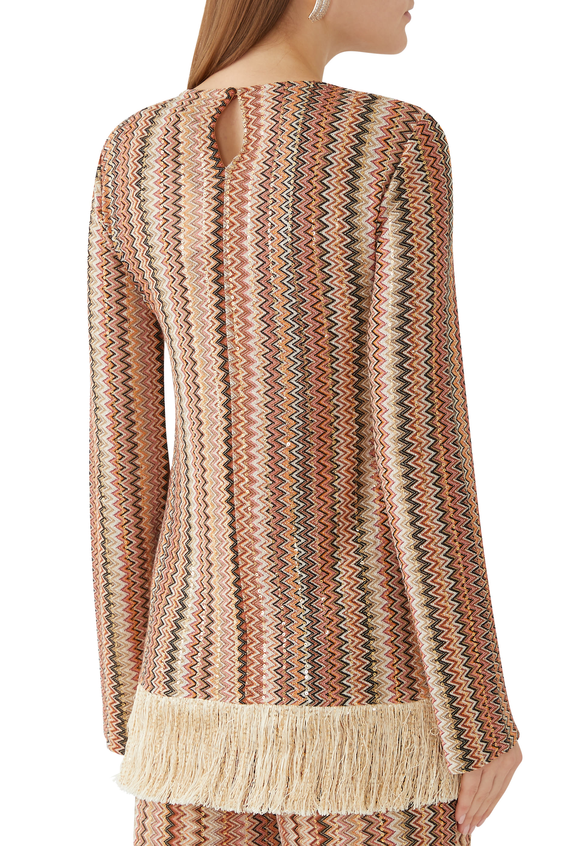 Exclusive Chevron Raschel Sequinned Asymmetrical Fringed Top