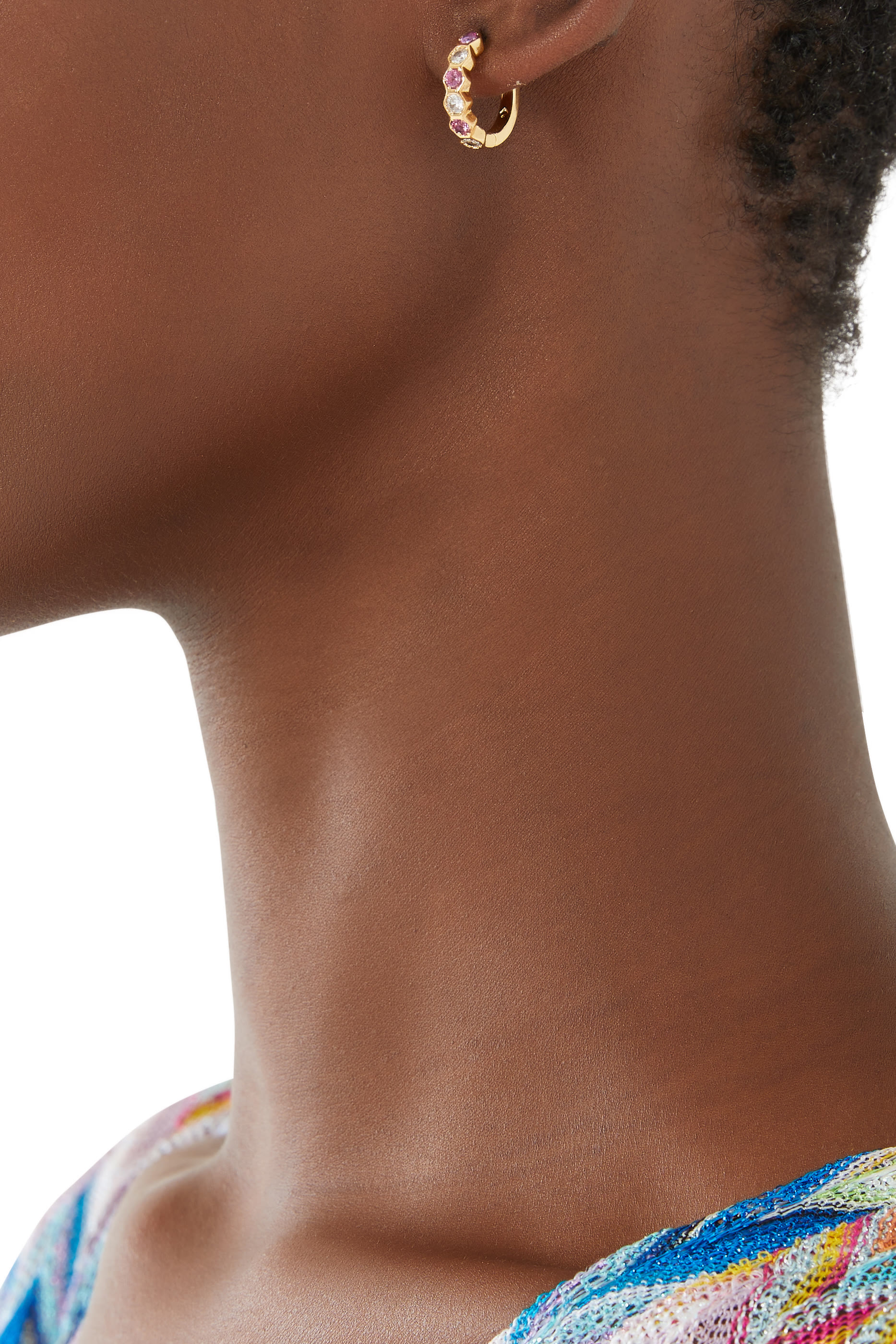 On the Ball Hexagon Huggies, Plated Metal, Surgical Steel Posts & Cubic Zirconia