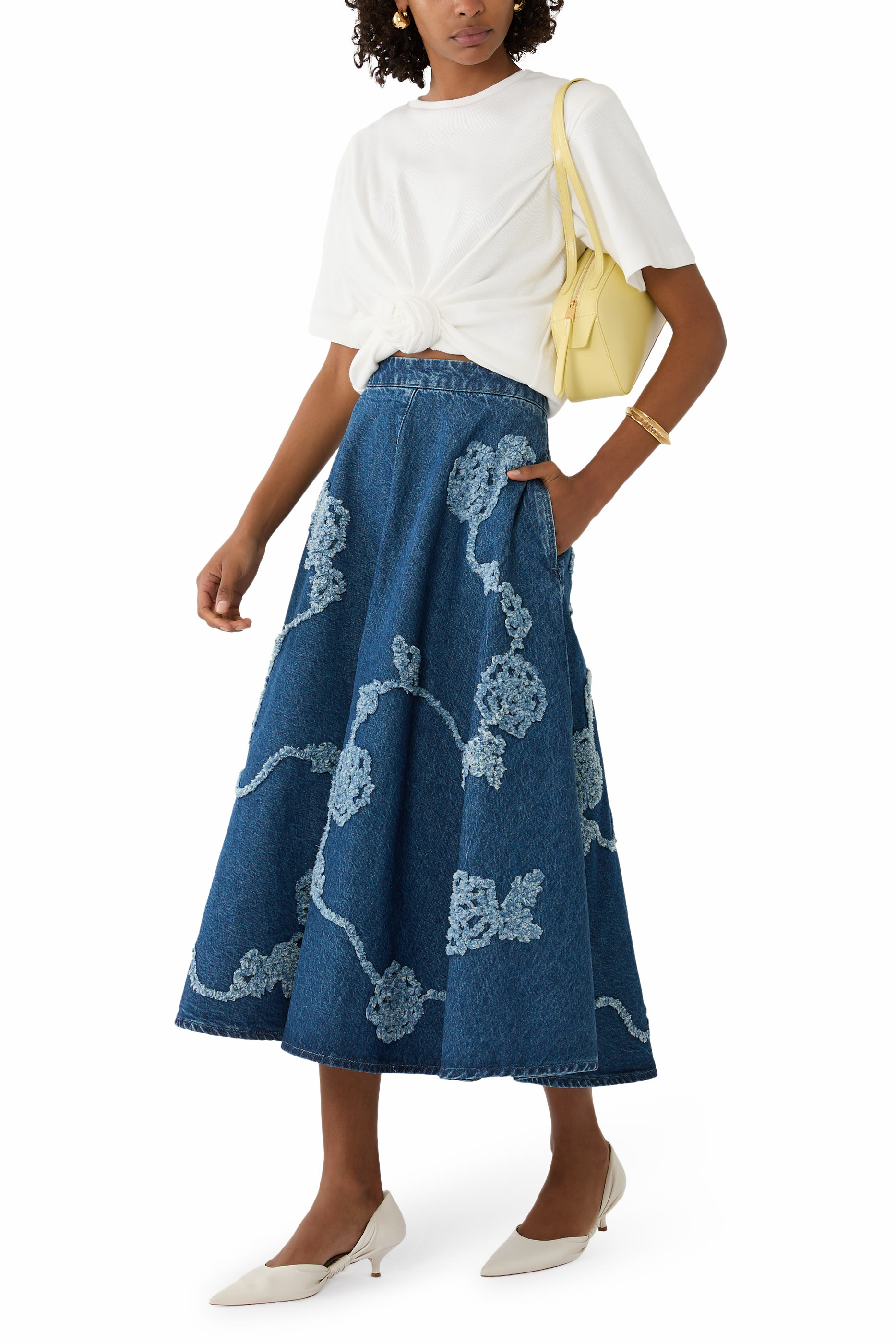 Denim Flower Midi Skirt 