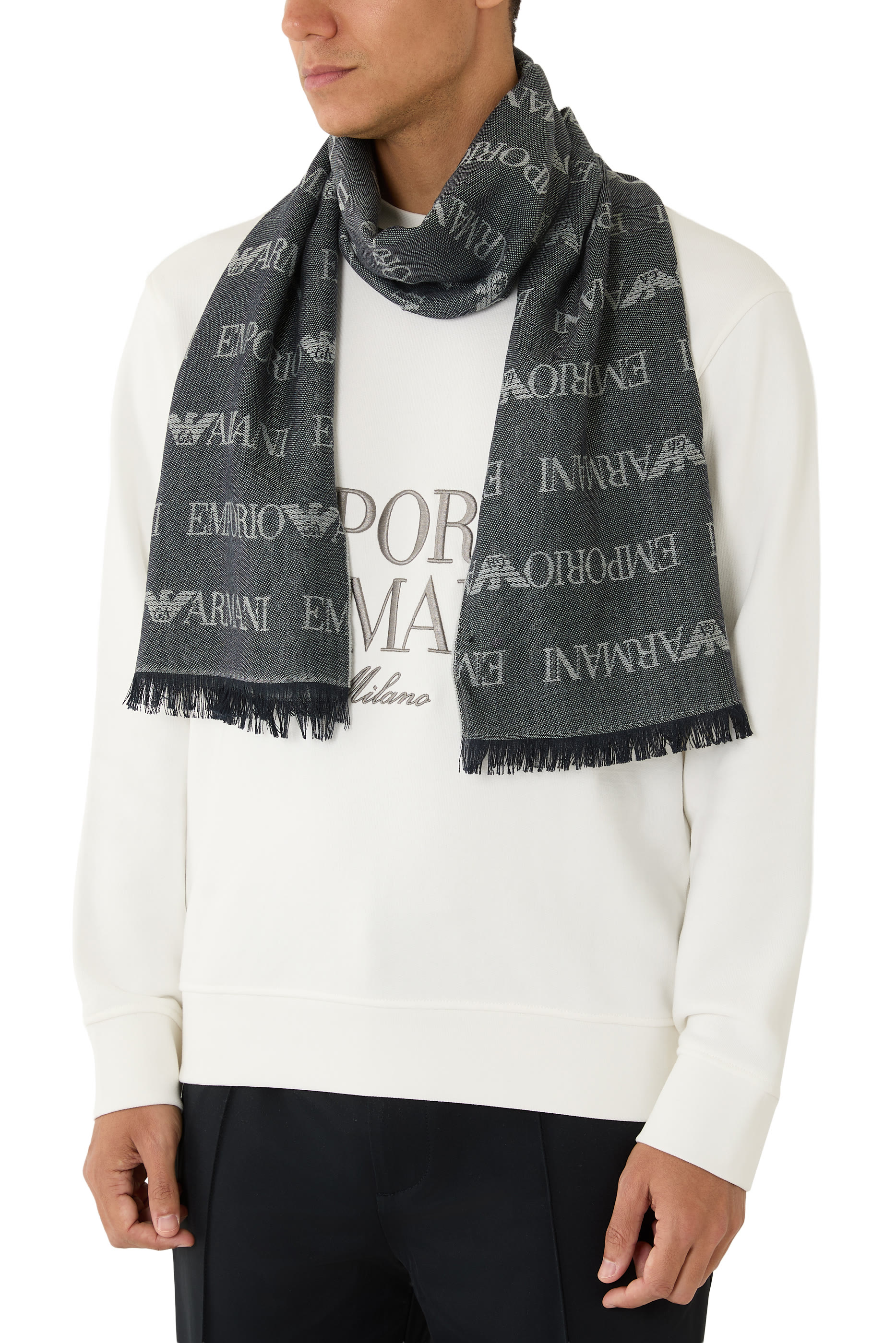 Jacquard Logo Lettering and Fringes Virgin-Wool Blend Scarf