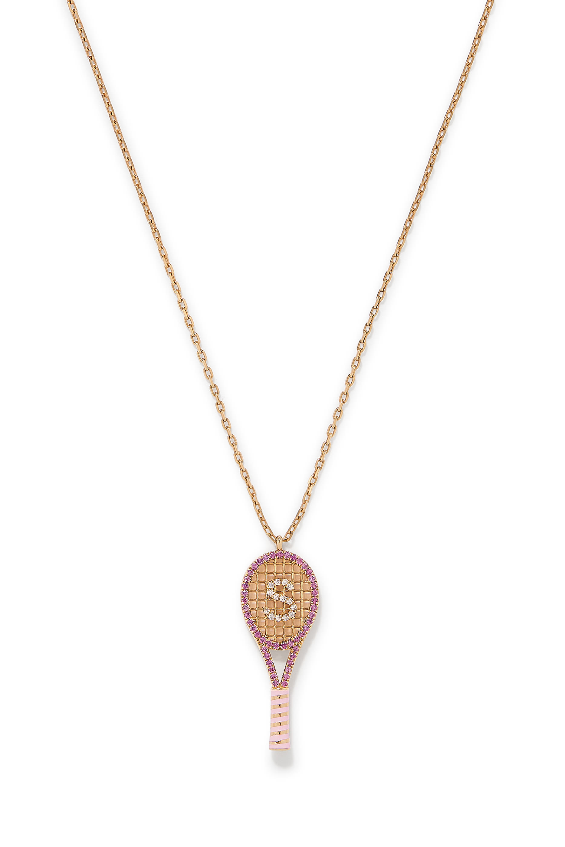 Letter 'S' Tennis Racket Necklace, 18k Yellow Gold & Diamonds, Sapphires