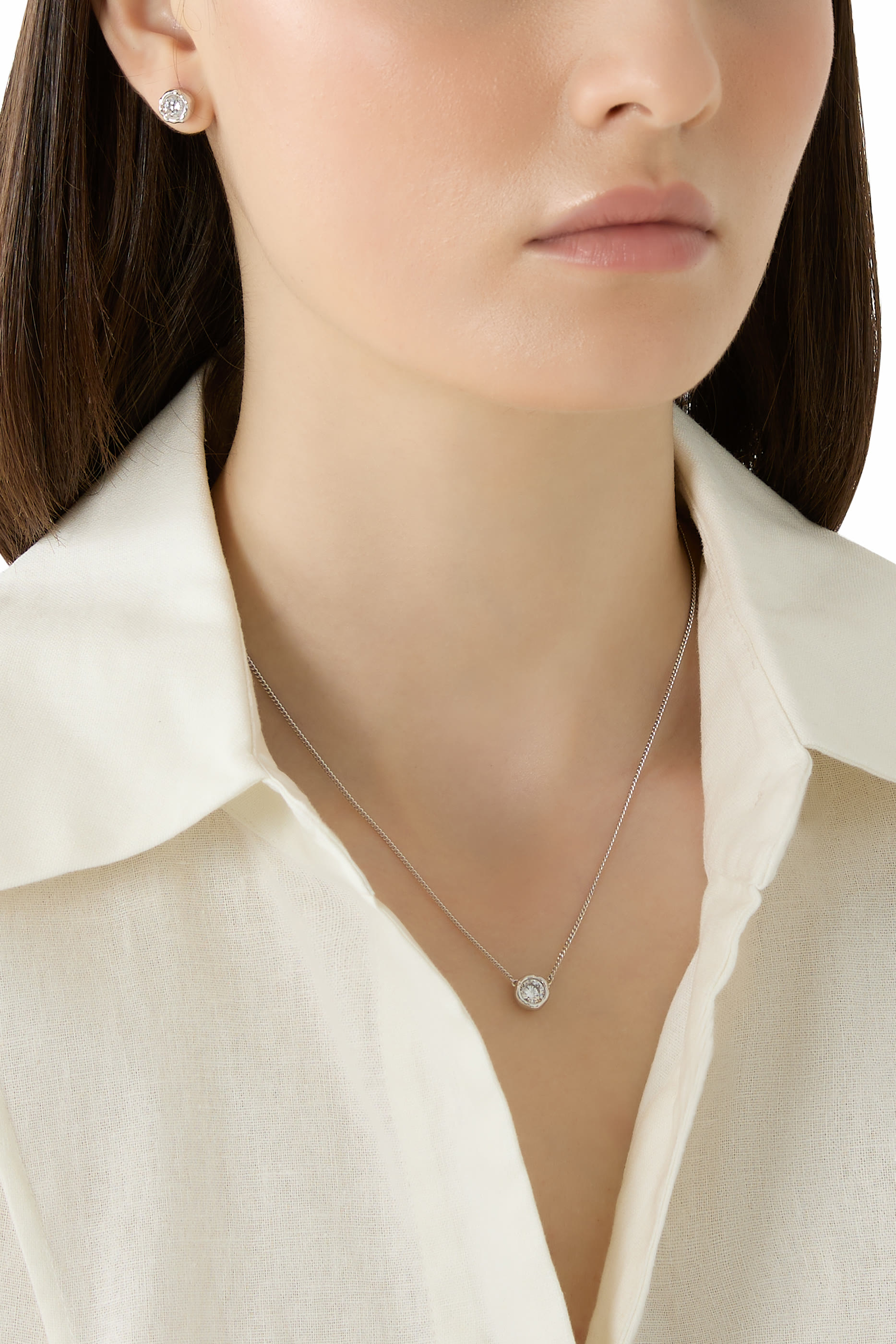 Asterales Molten Bezel Stud Earrings, Rhodium Tone Plated Brass Metalwork with Cubic Zirconia