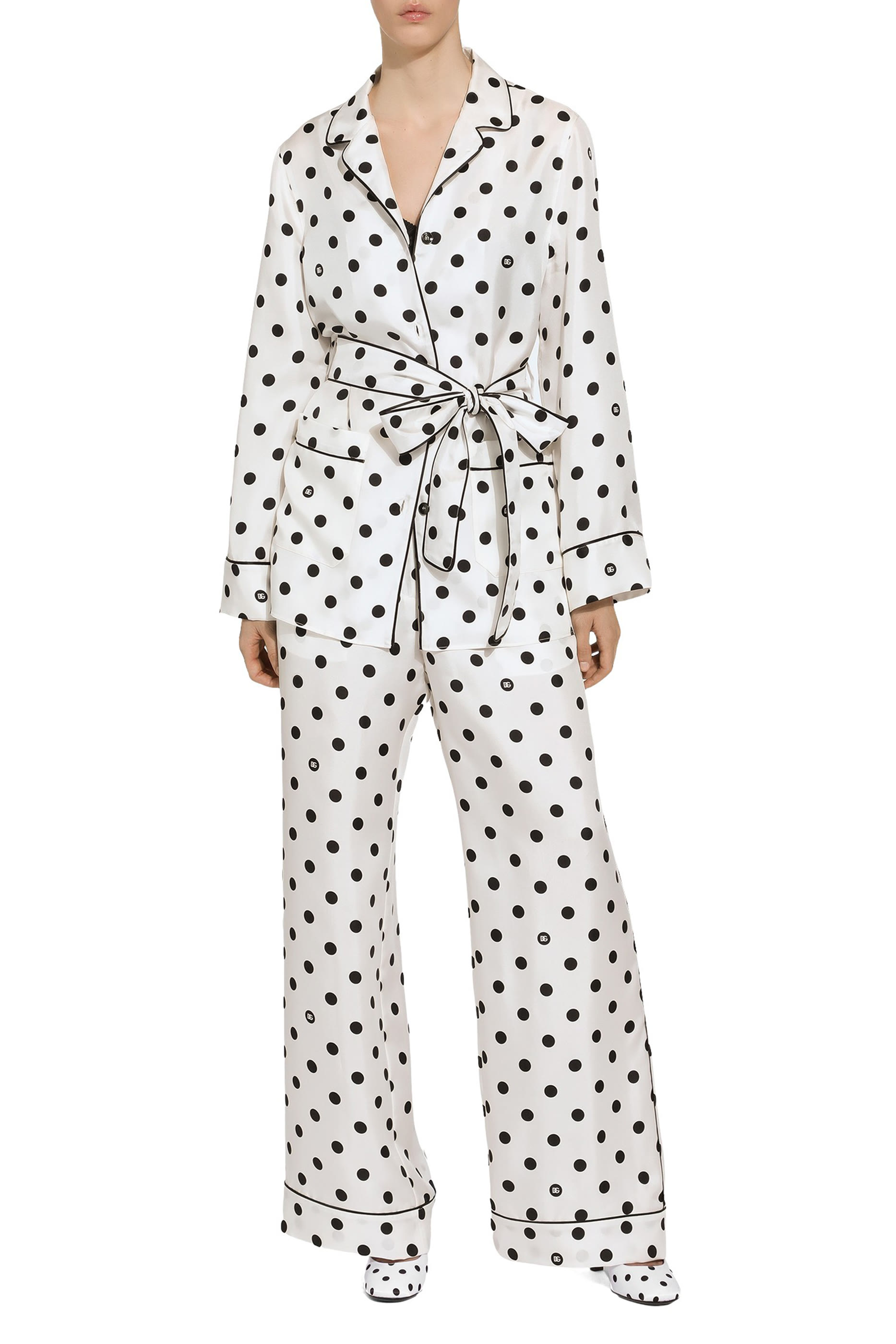 Polka-Dot Long-Sleeve Silk Pajama Shirt