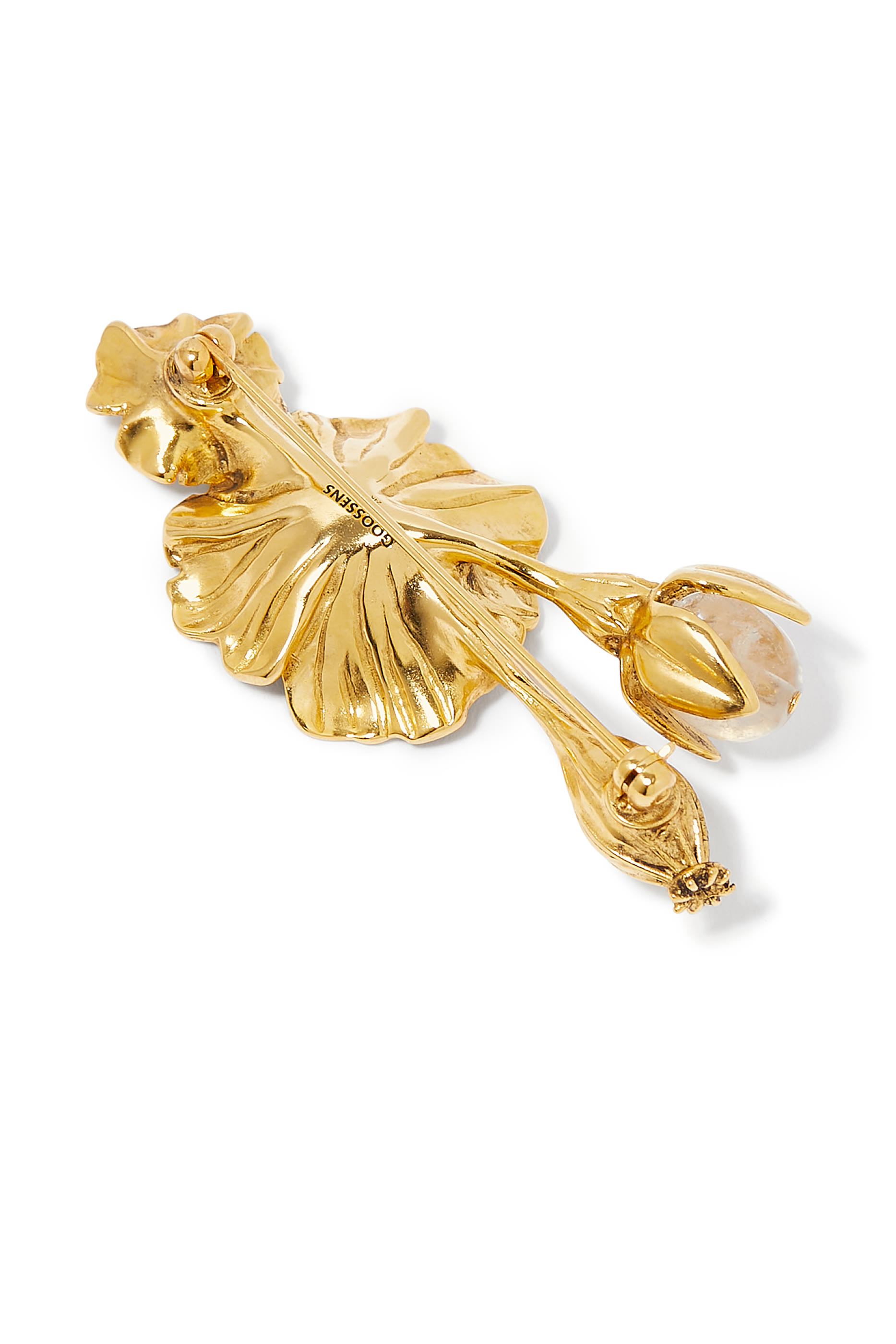 Fleur de Pavot Bouquet Brooch,  24K Gold-Plated Brass & Natural Rock Crystal
