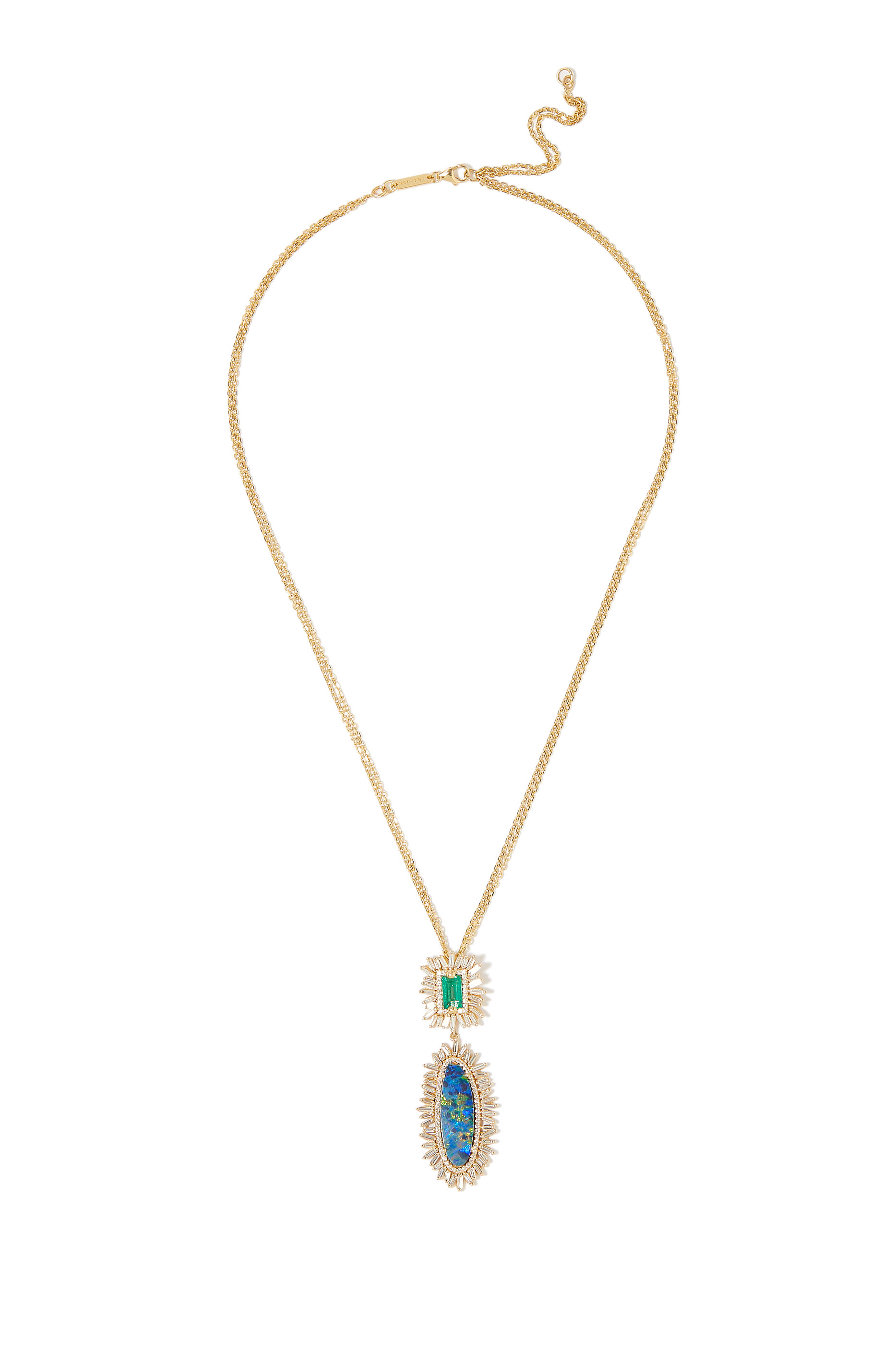 Opal Baguette Necklace, 18k Yellow Gold with Emerald & Diamond