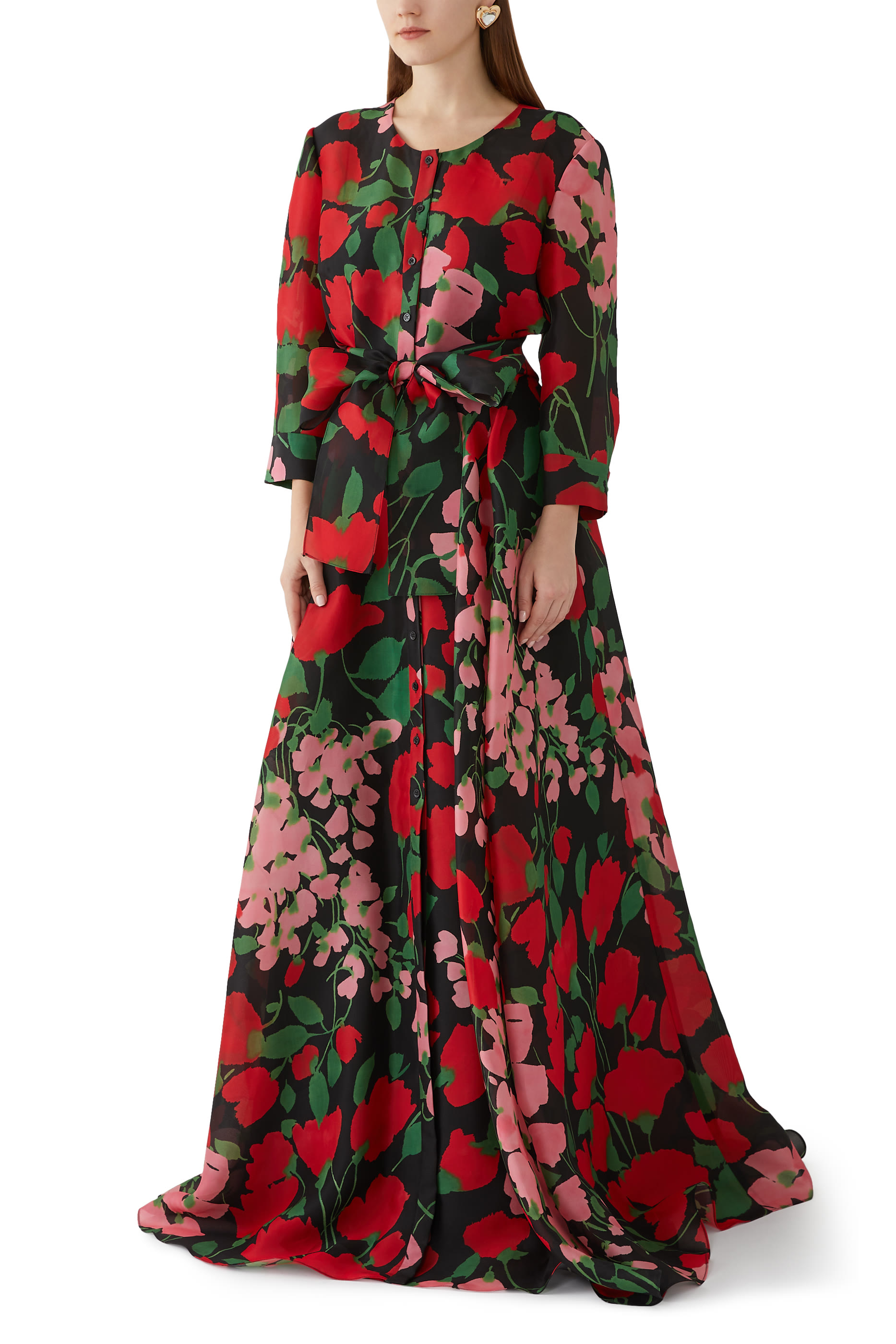 Floral-Print Trench Gown