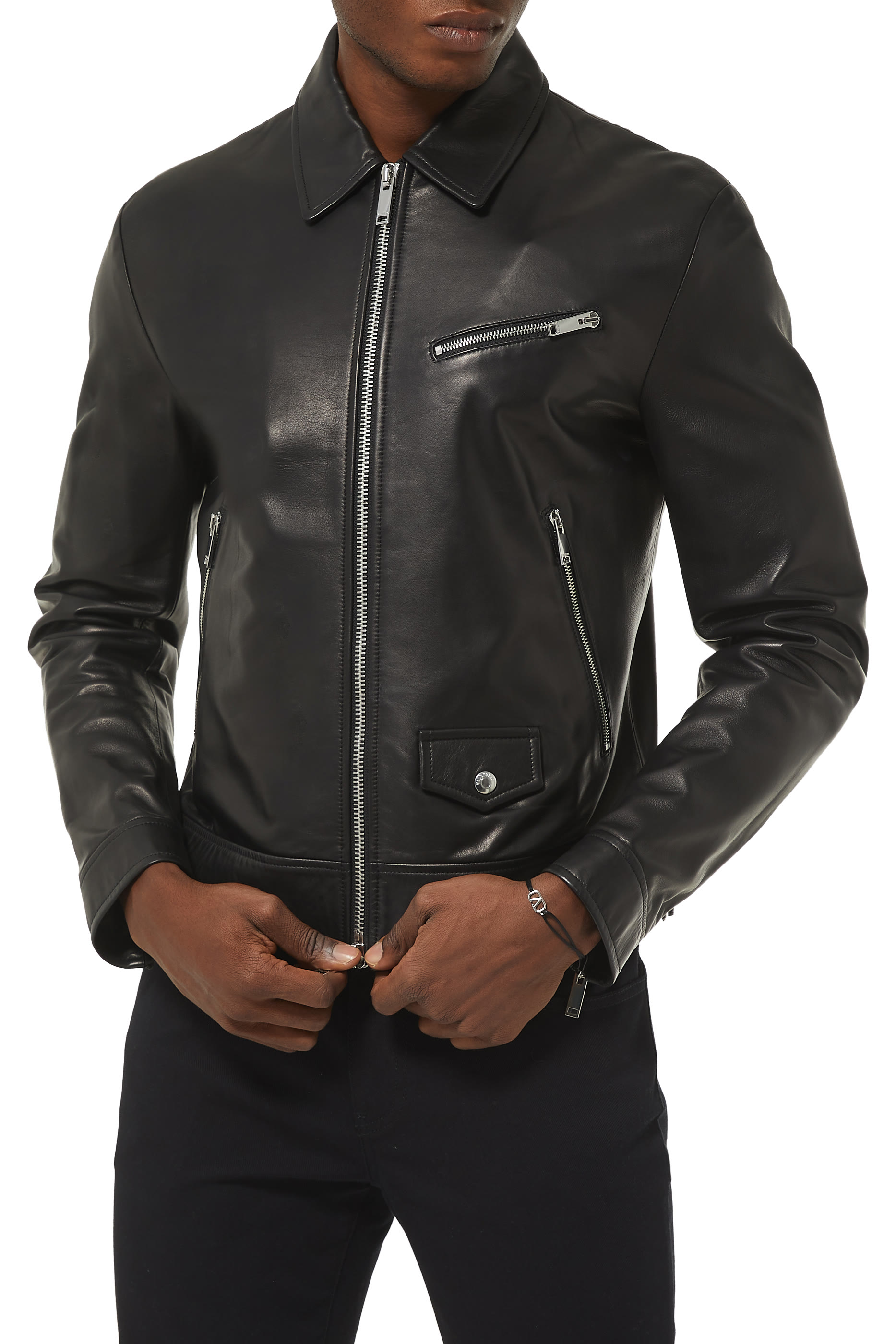 Back Knit Intarsia Leather Jacket