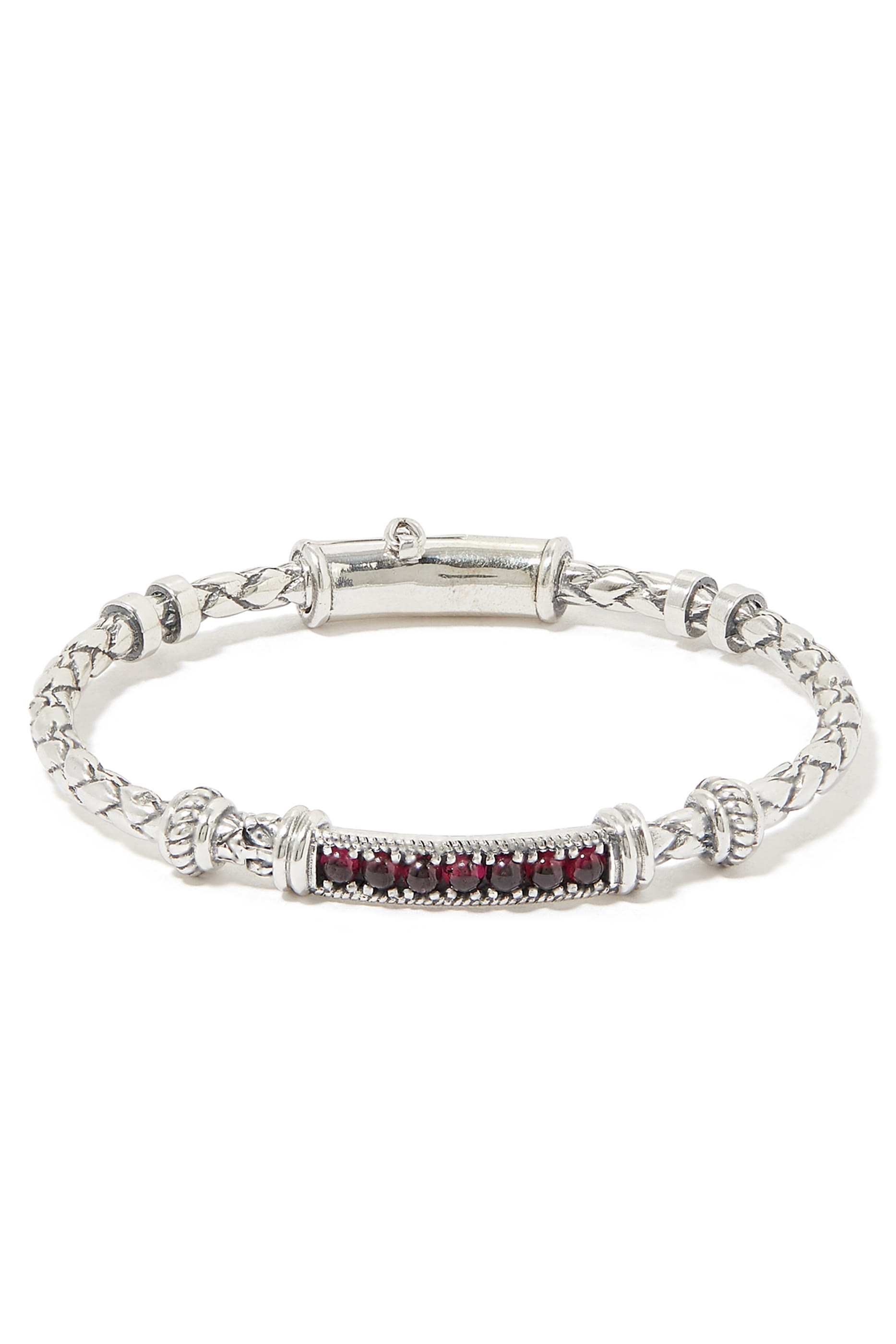 Cabouchon Single Braided Bangle, Silver & Garnet