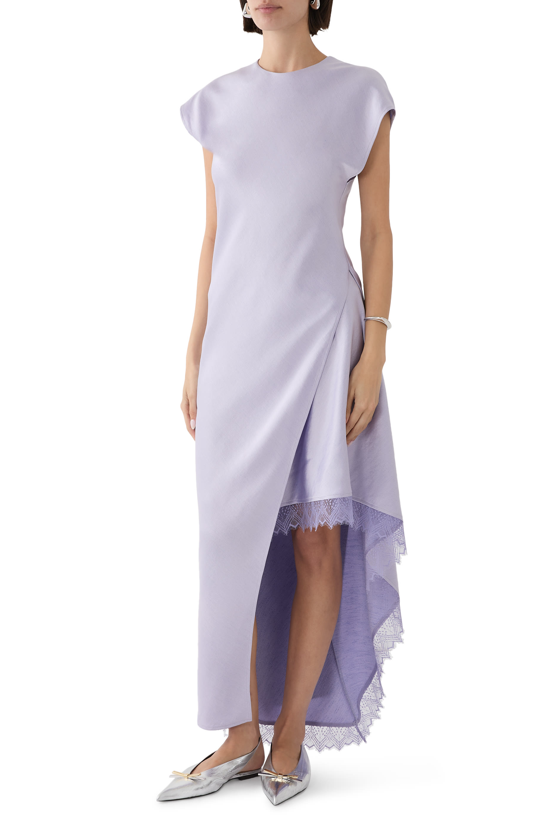 Asymmetric Lace-Trimmed Satin Maxi Dress