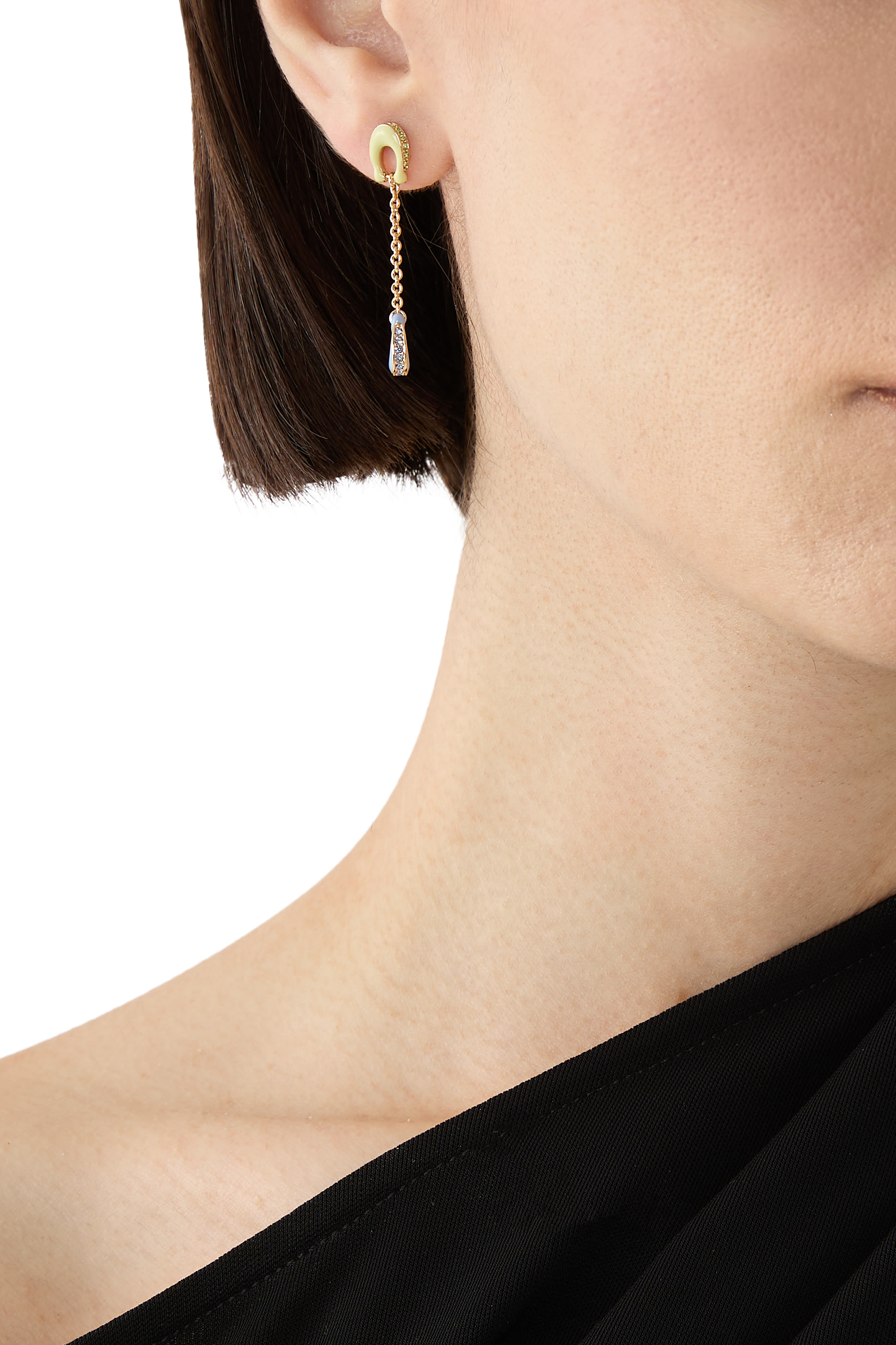 Signature Pave C Mismatch Linear Earrings, Brass, Titanium & Glass Crystal, Enamel