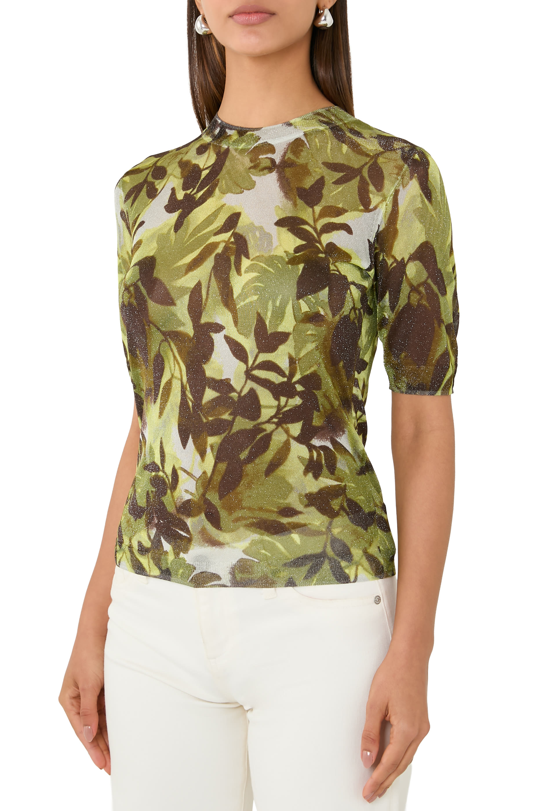 Ibiza Leaves Print Short Sleeves Top