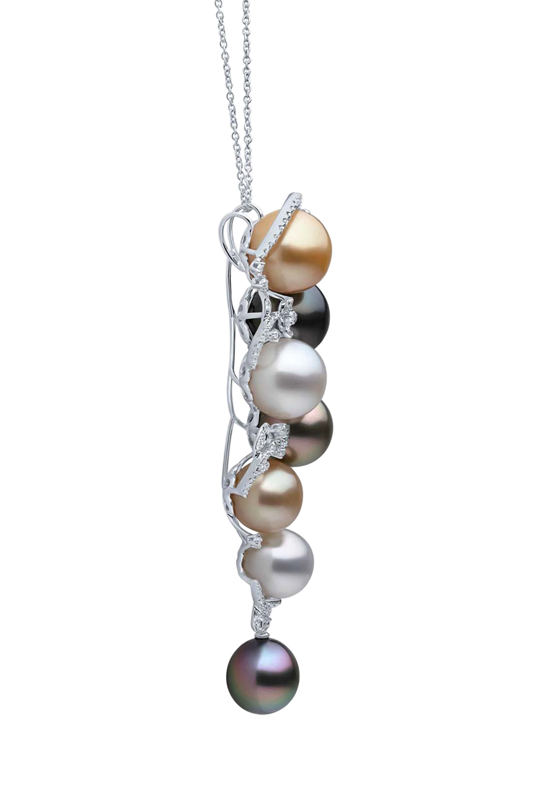 Duchess Pendant Necklace, 18K White Gold with Diamonds & Tahitian, South Sea and Golden Pearls
