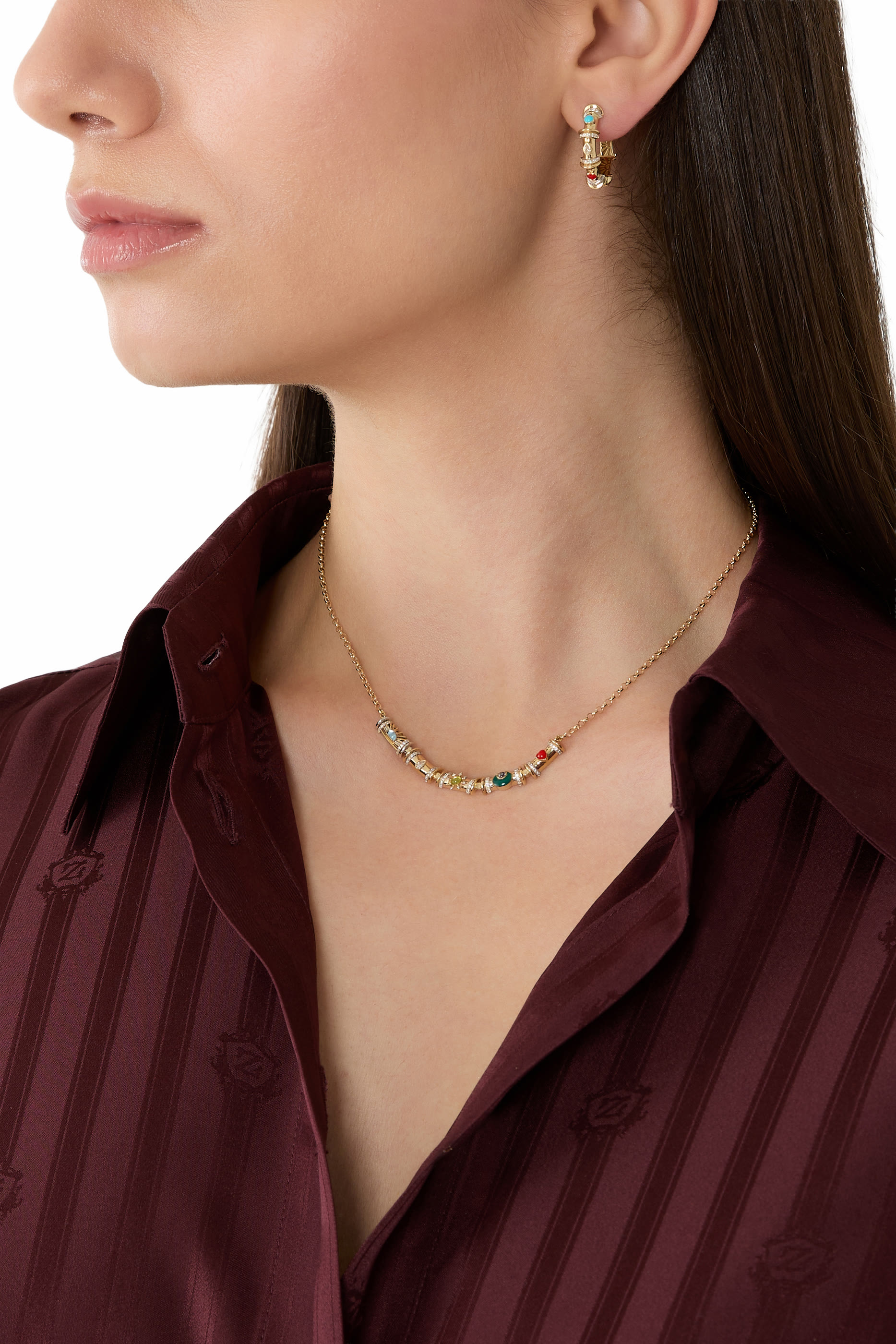 Milky Multicharm Hoops, 18K Yellow Gold, Diamonds, Red Coral & Turquoise