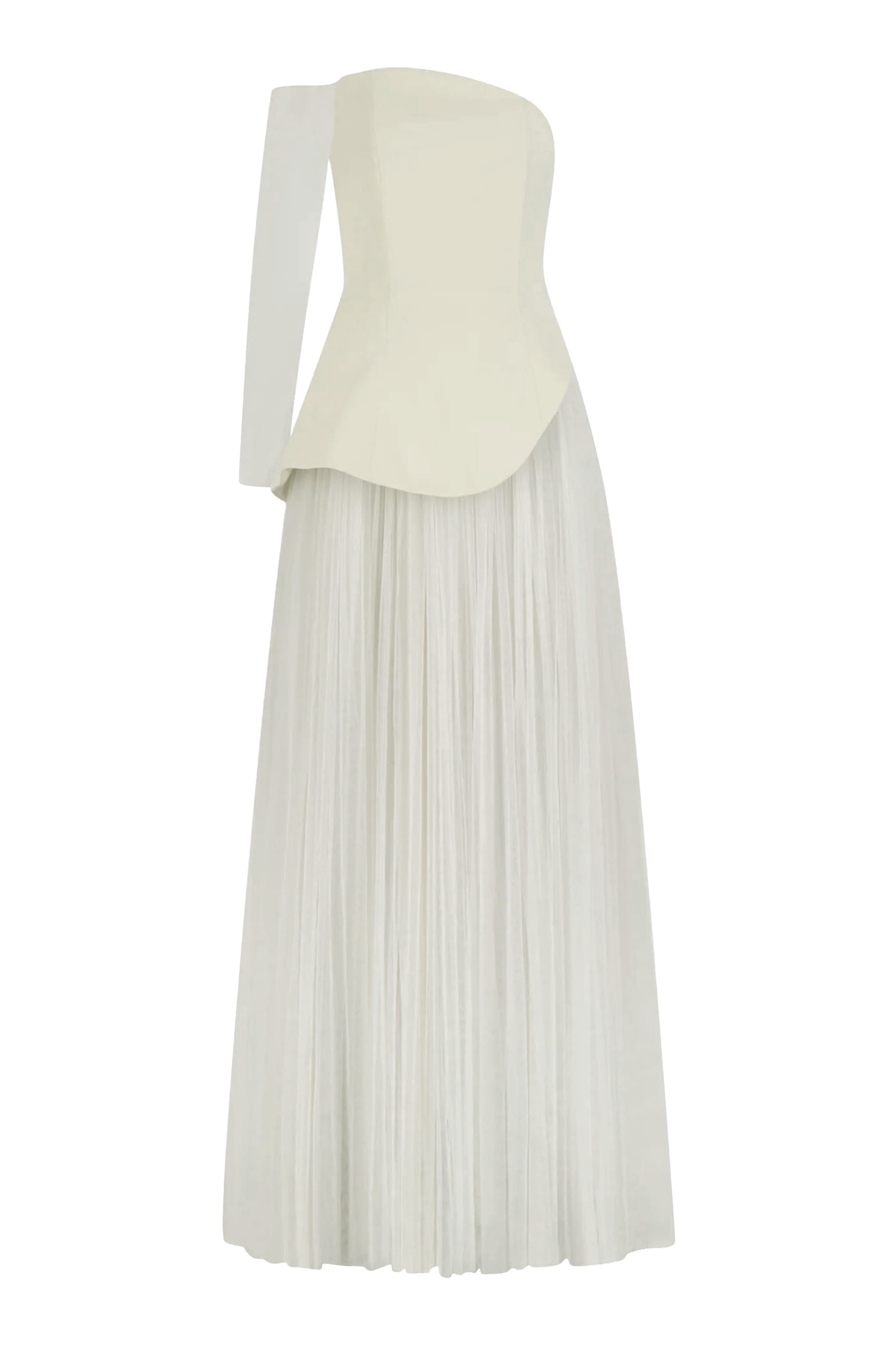 Asymmetric Crepe Gown with Tulle Skirt & Sleeve