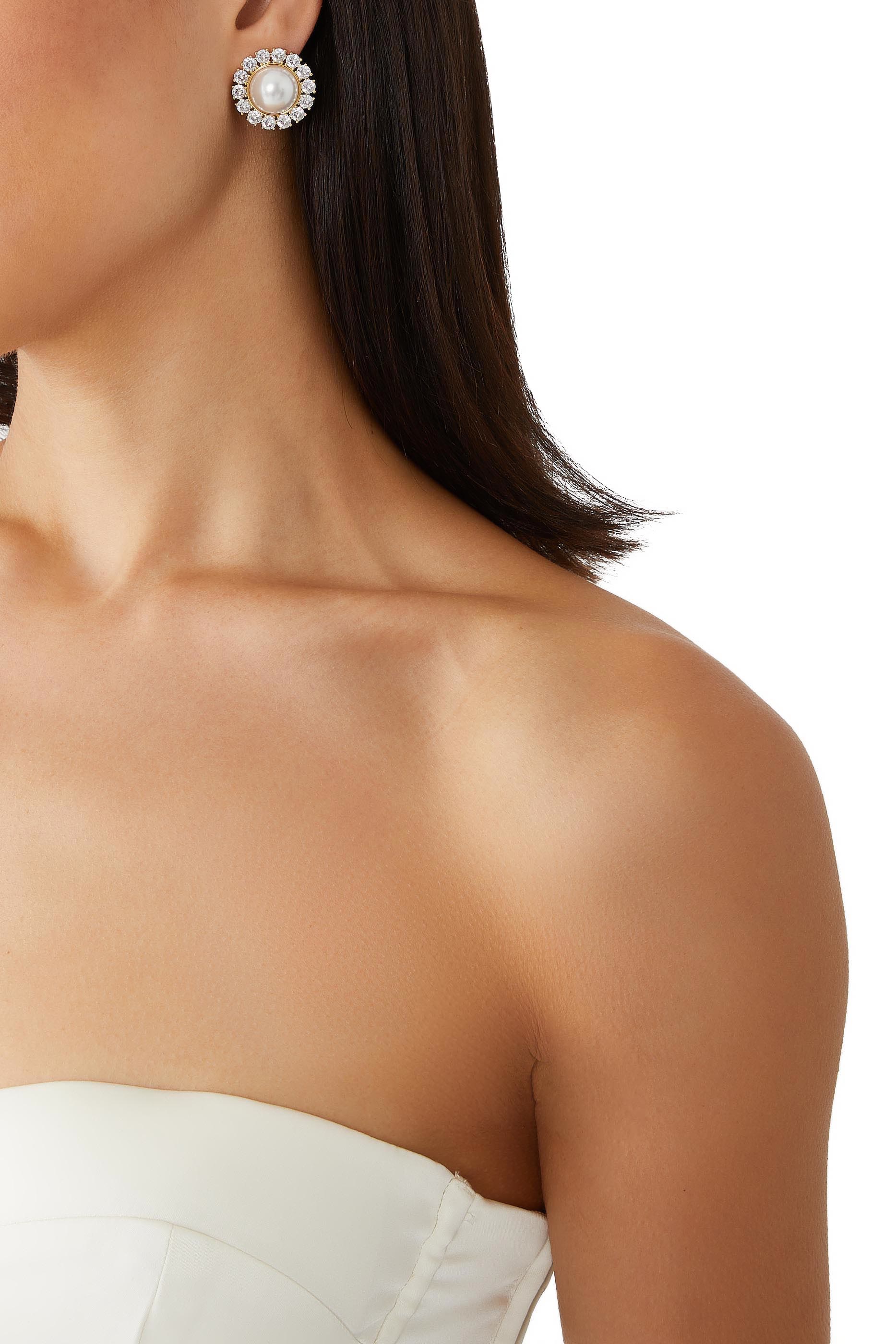 Pearl Dome Pave Earring, 14k Gold Plated with Cubic Zircornia & AAAA+