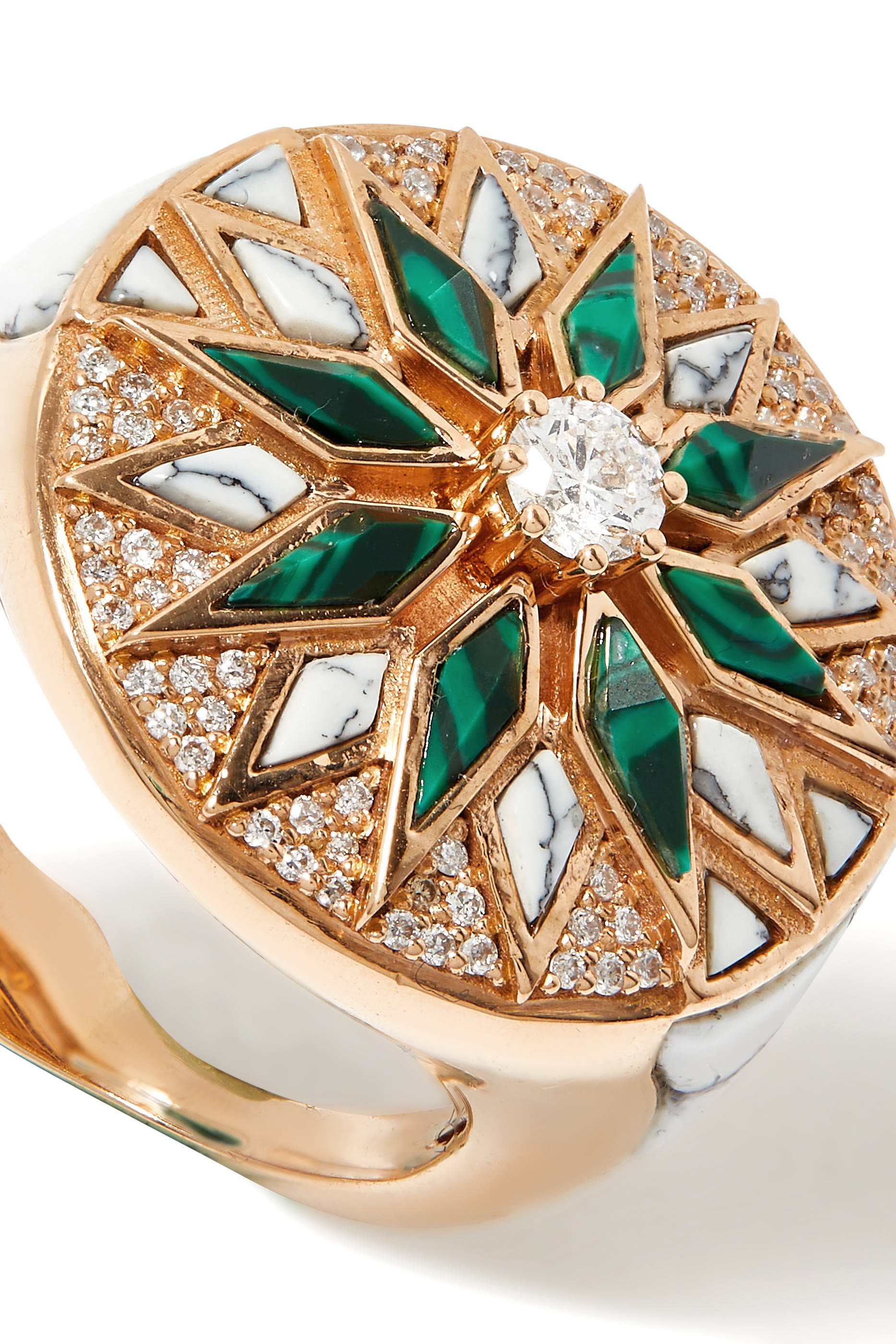 Nord Ring, 18k Rose Gold, Diamonds, White Agate & Malachite