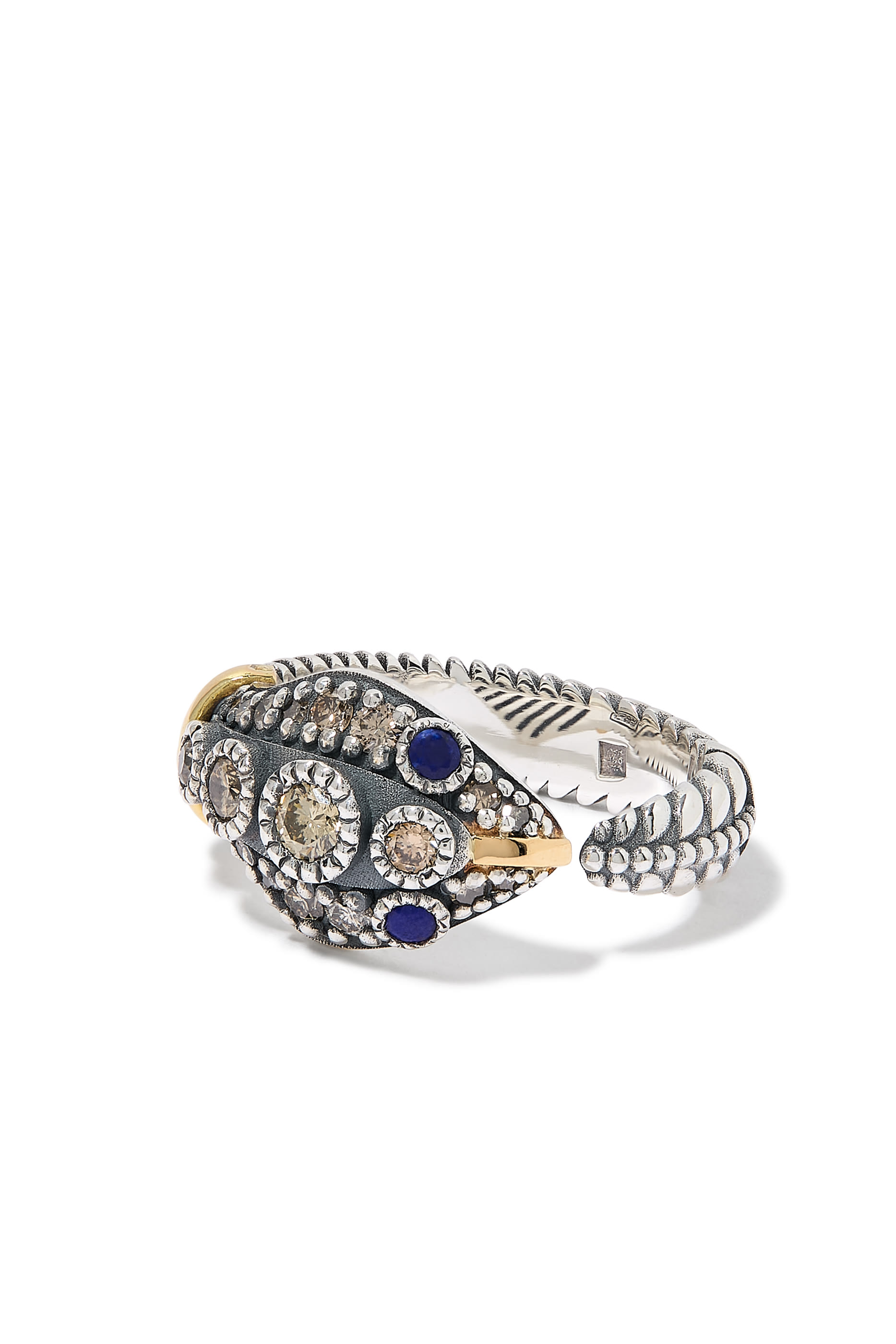  Guardian Snake Ring, 18K Yellow Gold with Sterling Silver, Lapis & Diamonds