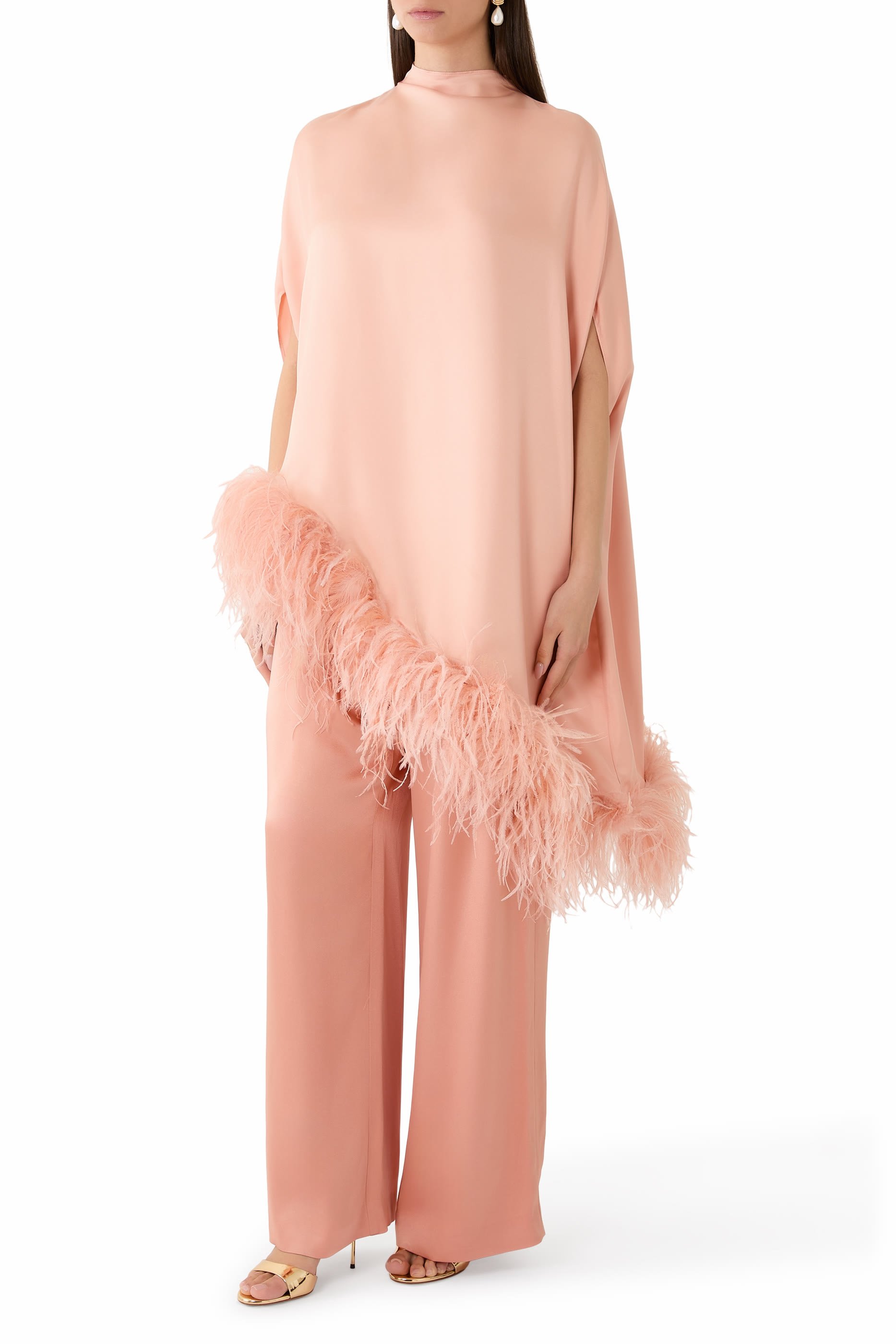 Silky Twill Asymmetric Cape Top With Feathers 