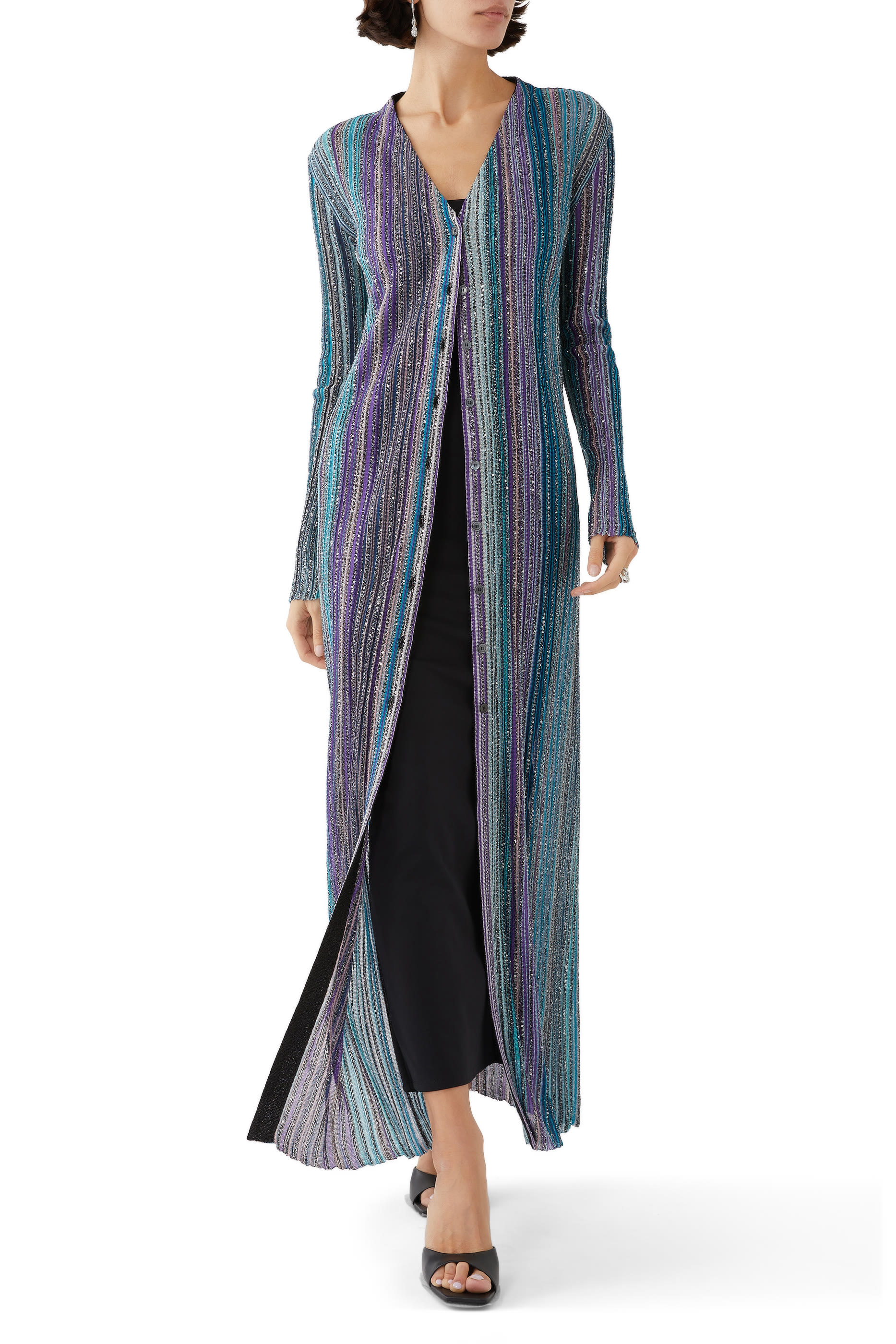 Partialized Sequinned Knit Buttoned Maxi Cardigan 