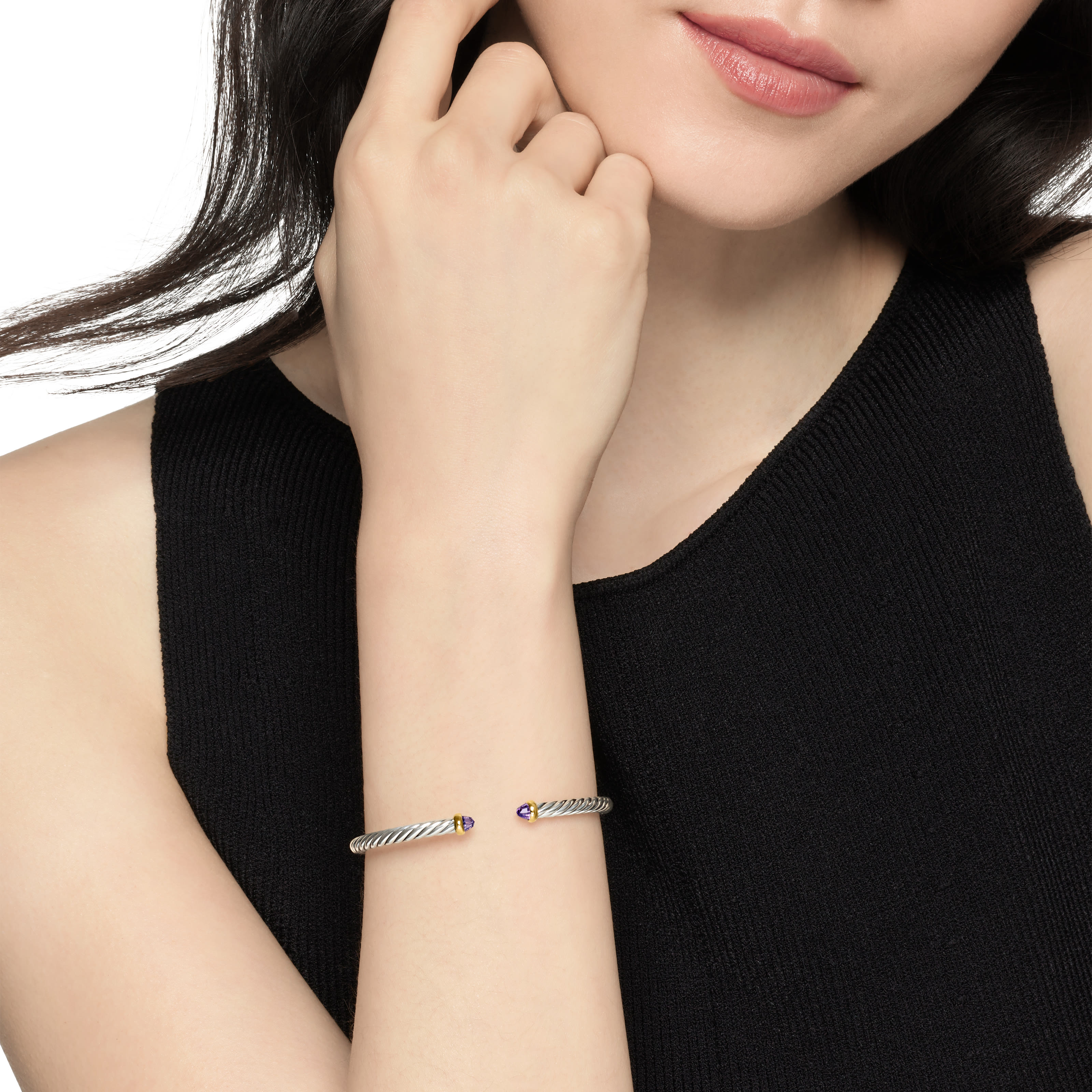 Cable Flex Bracelet, Sterling Silver with 18k Yellow Gold, Amethyst & Diamonds