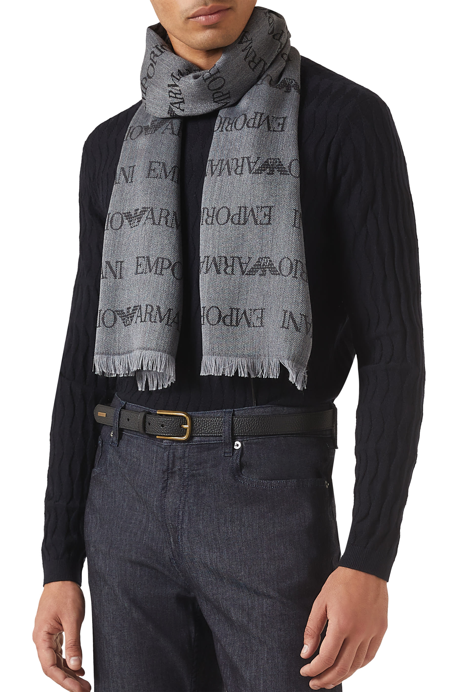 Jacquard Logo Lettering and Fringes Virgin-Wool Blend Scarf