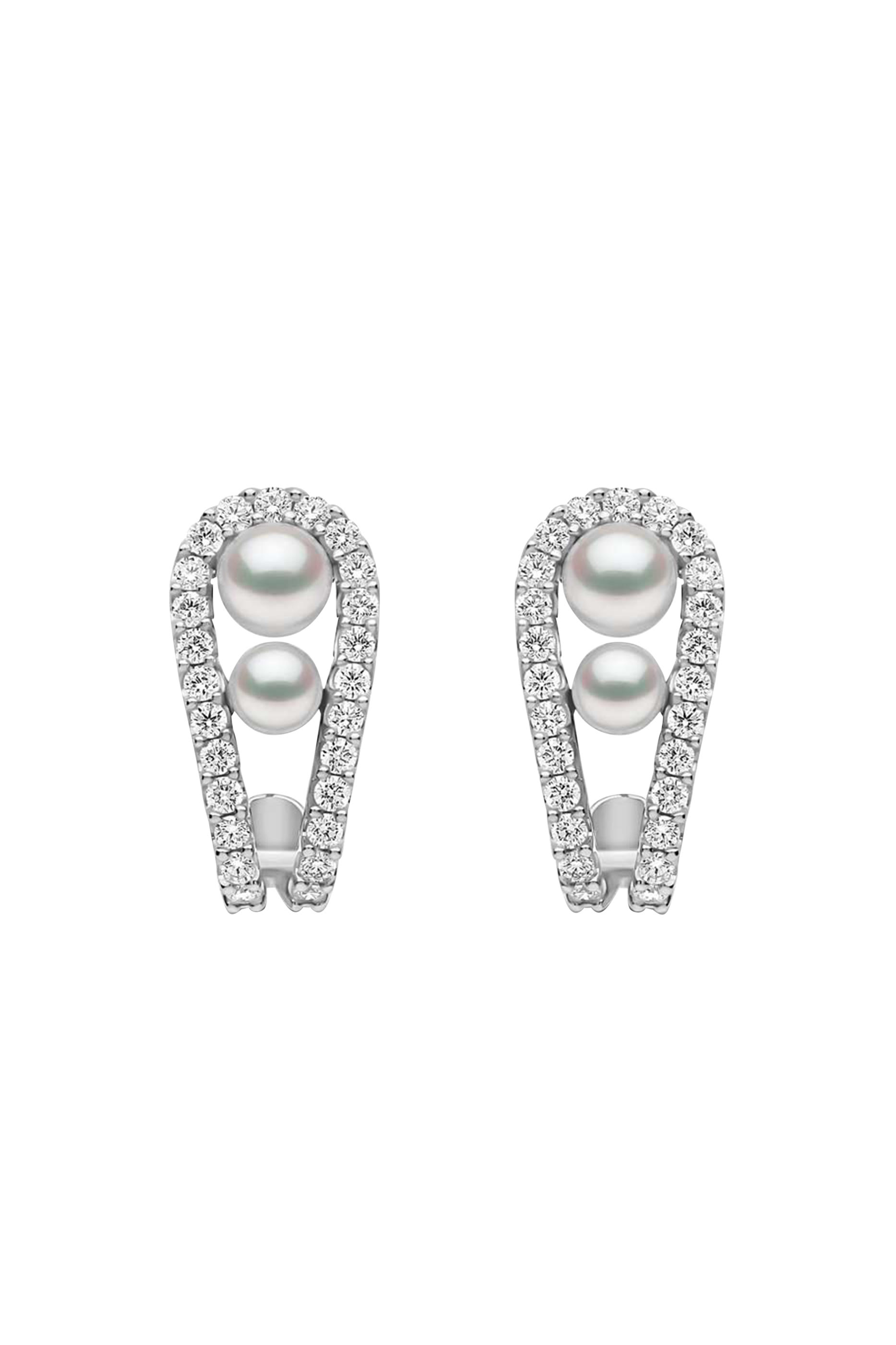 Huggie Earrings, 18K White Gold with Akoya Pearls & Diamonds