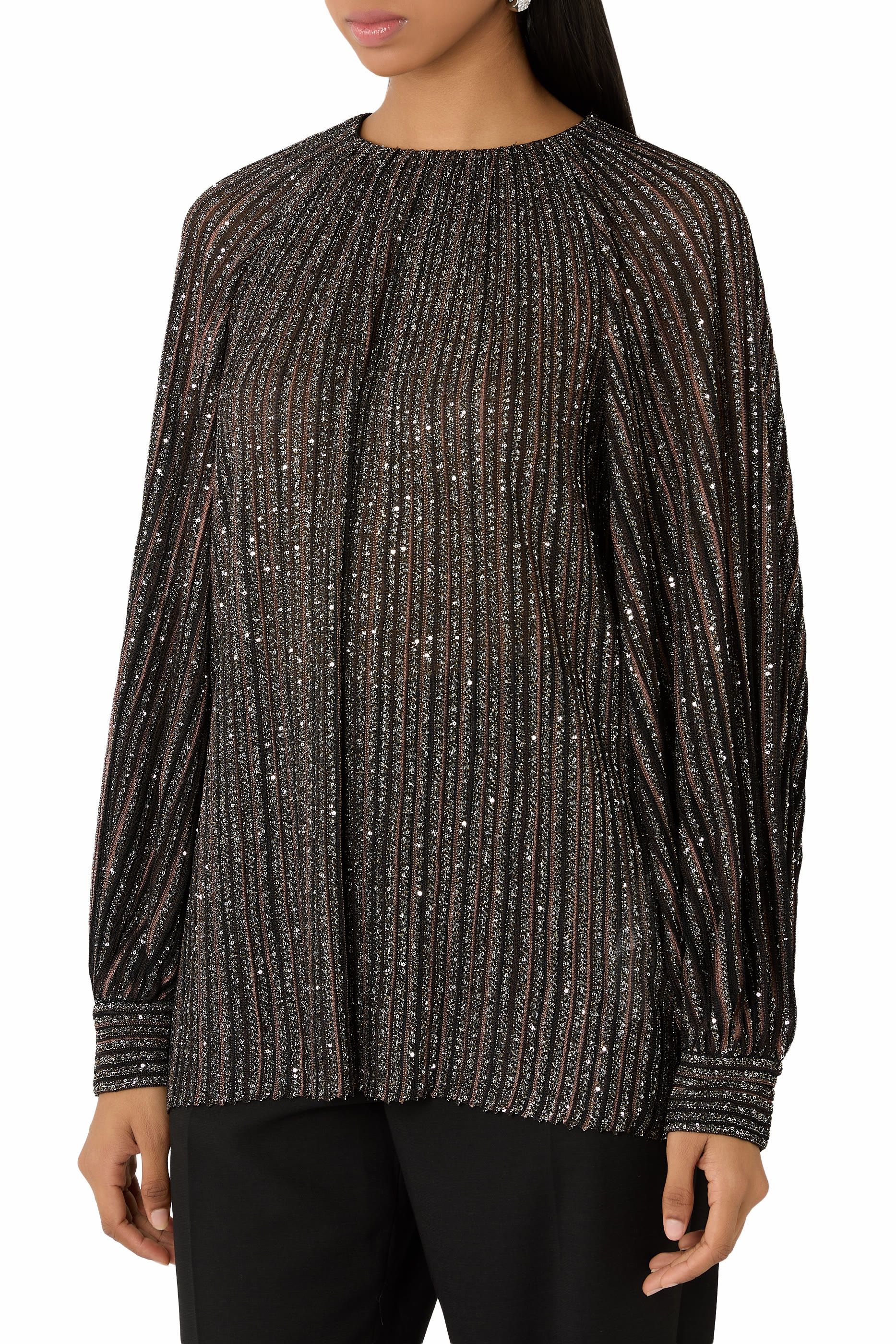 Flared Crew Neck Sweater with Lamé Stripes