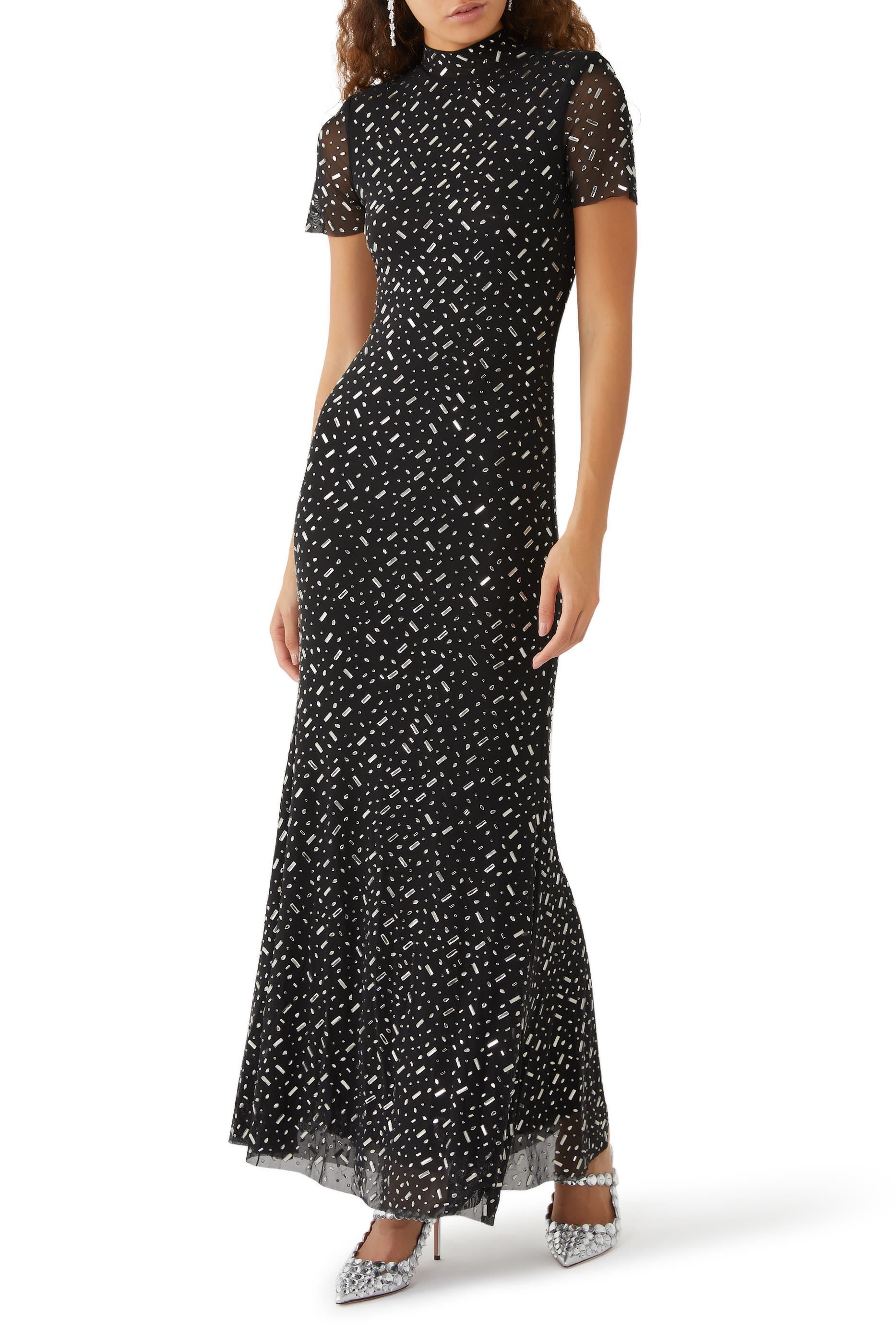 Square Rhinestone Mesh Maxi Dress