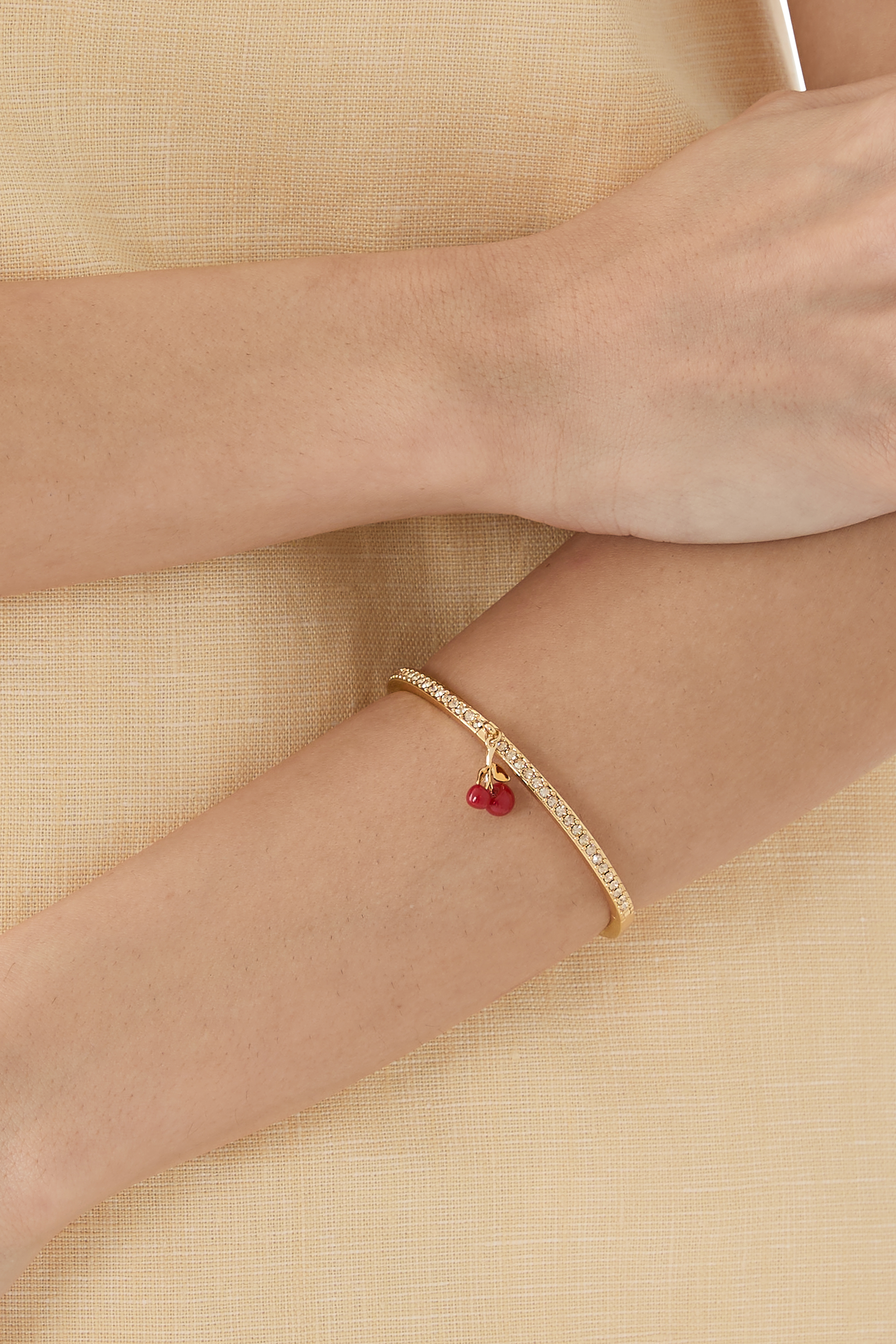 Cherry Cluster Charm Bangle Bracelet, Brass & Enamel, Glass Crystal