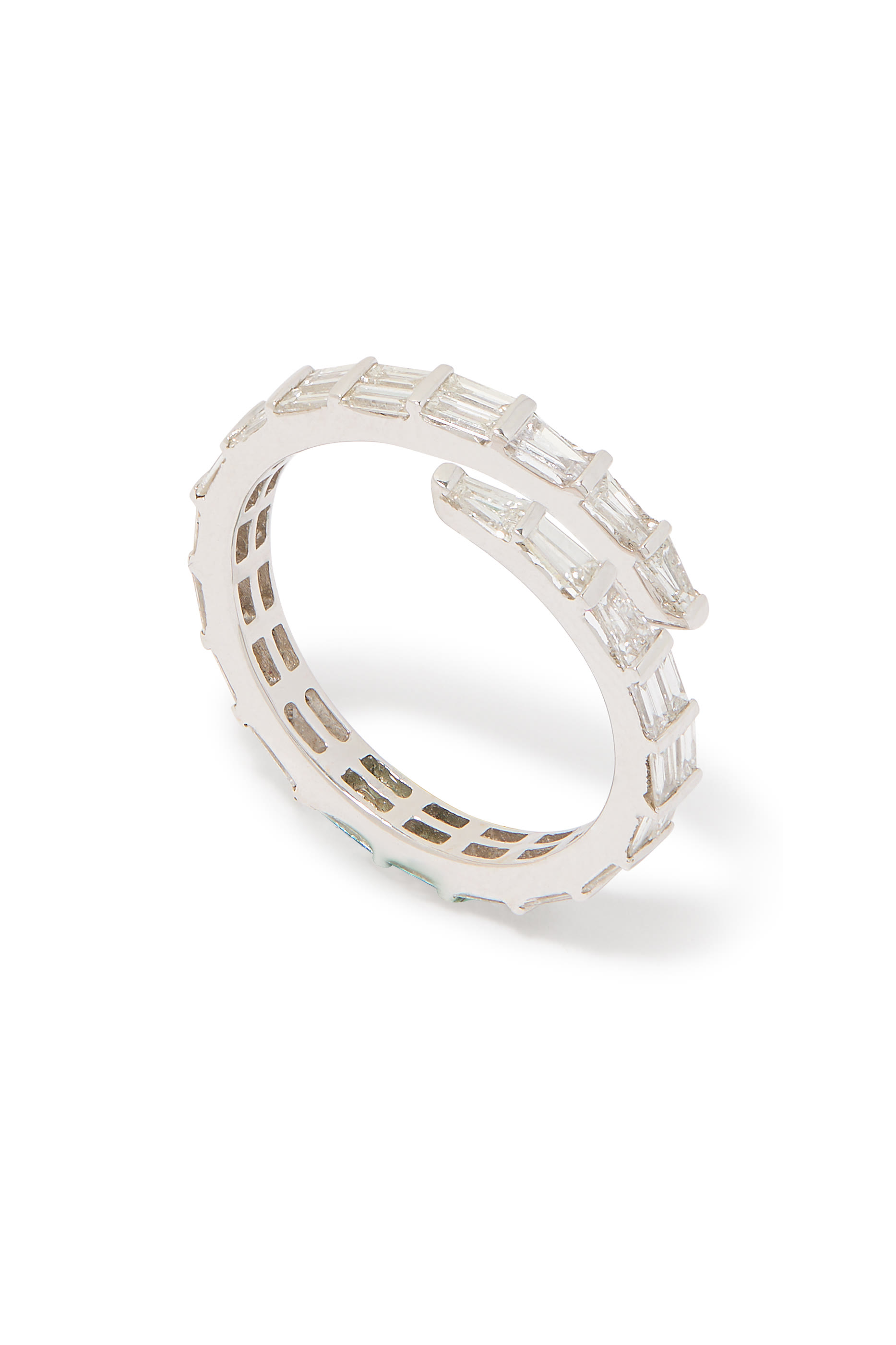 Two Row Baguette Diamond Pinky Coil Ring, 18k White Gold & Diamonds