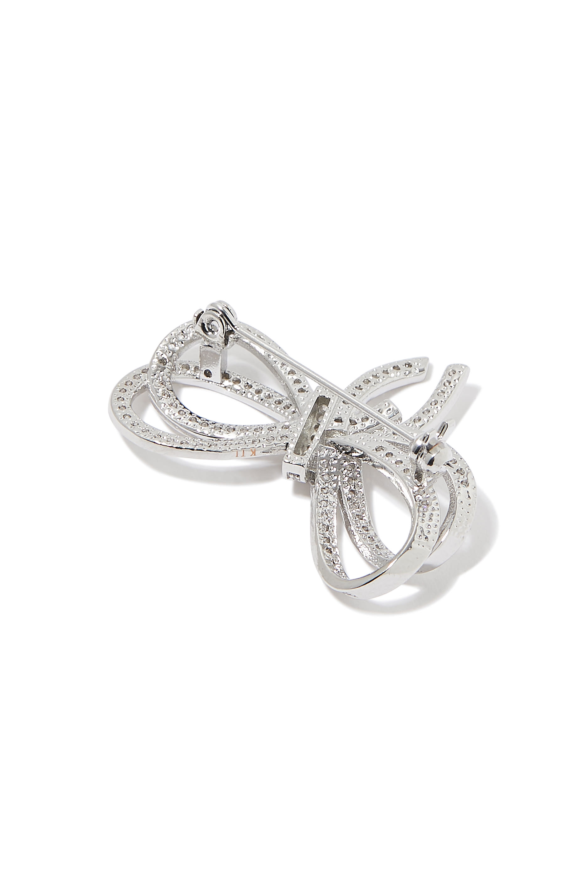 Pave CZ Double Bow Brooch, Rhodium-Plated Brass & Cubic Zirconia