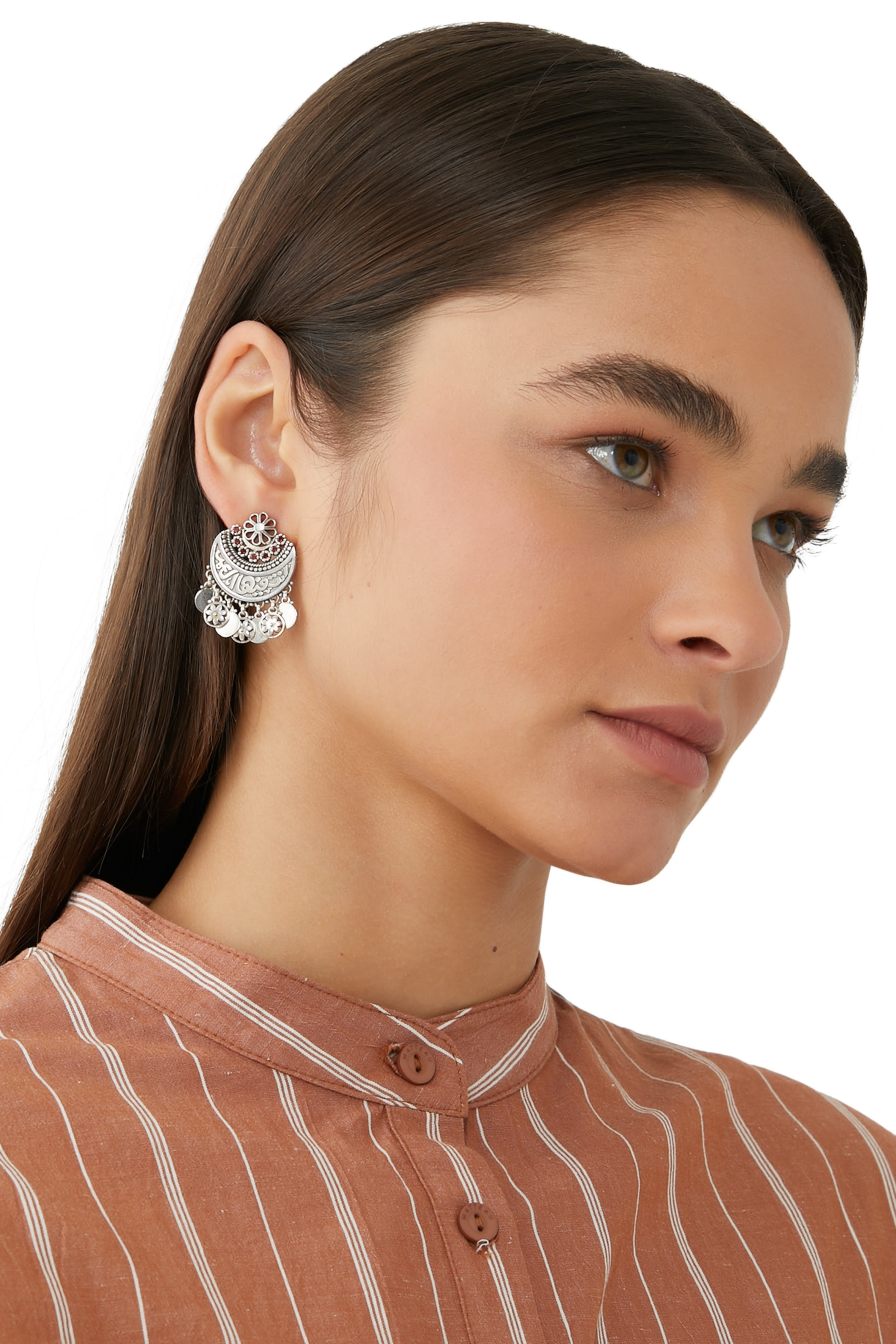 Fallahy Crescent Earrings, Sterling Silver with Rhodolite & Semi-Precious Stones