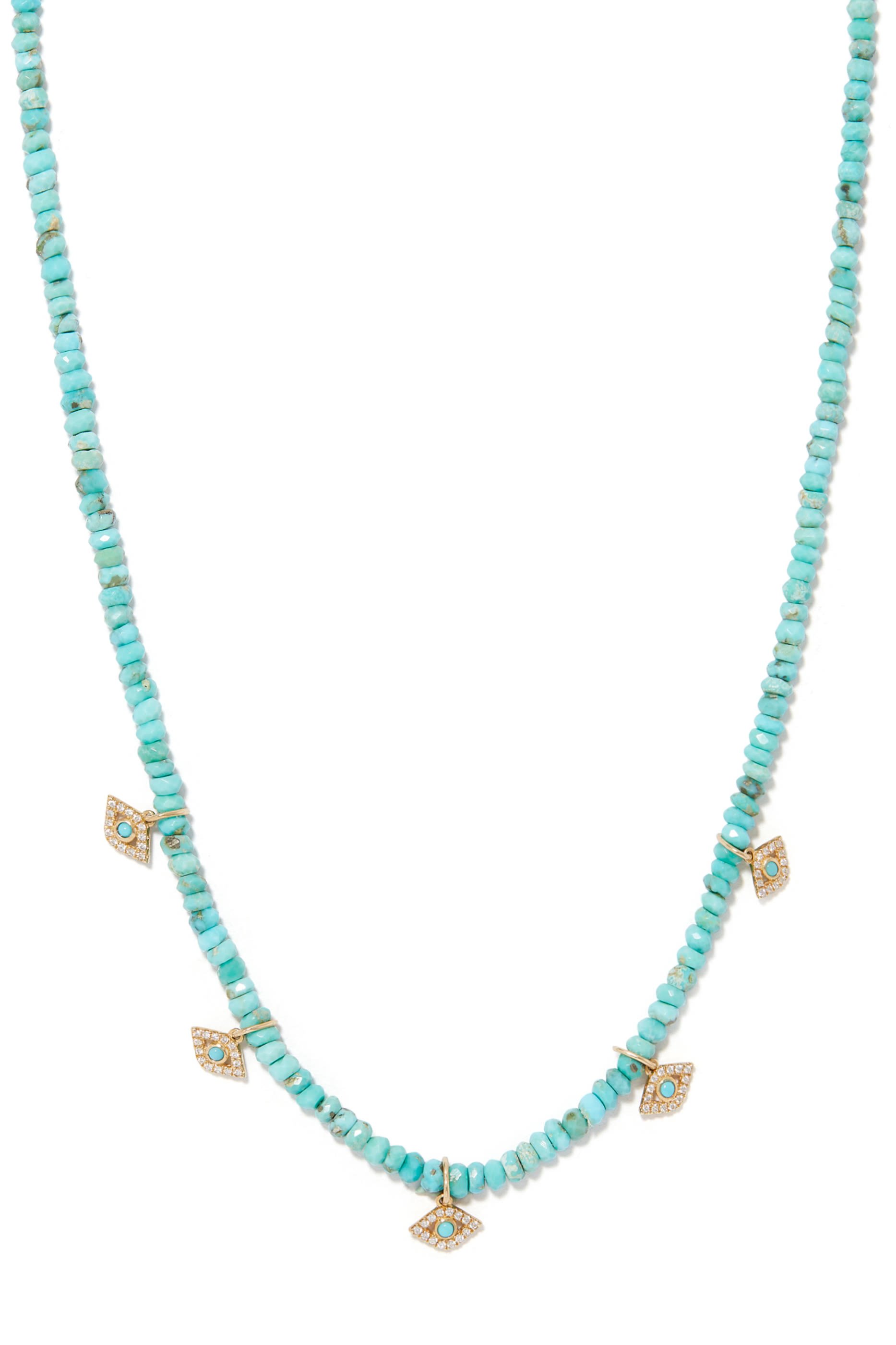 Tiny Evil Eye Turquoise Beaded Necklace, 14k Yellow Gold & Diamond s