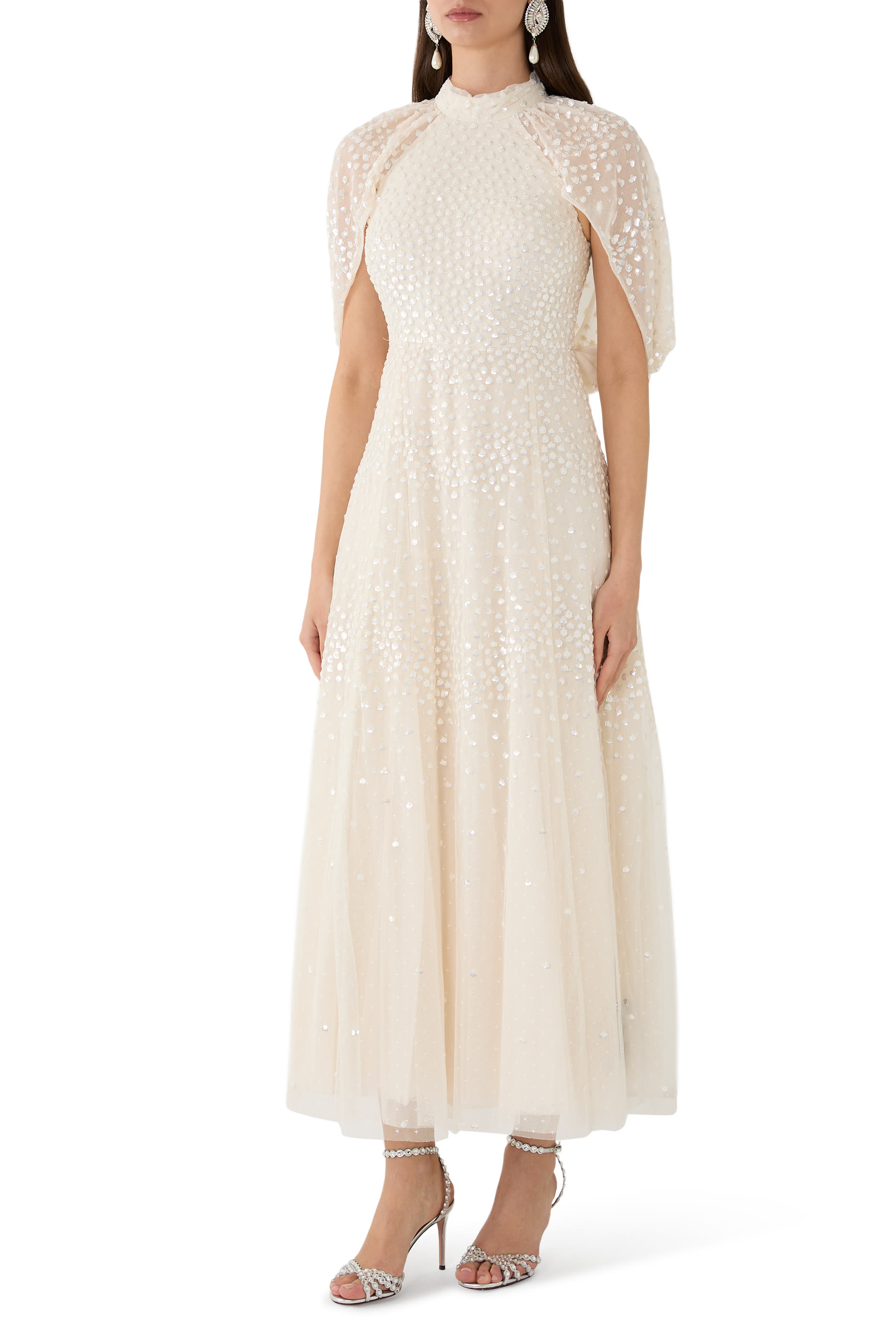 Scallop Sequin Cape Ankle Gown