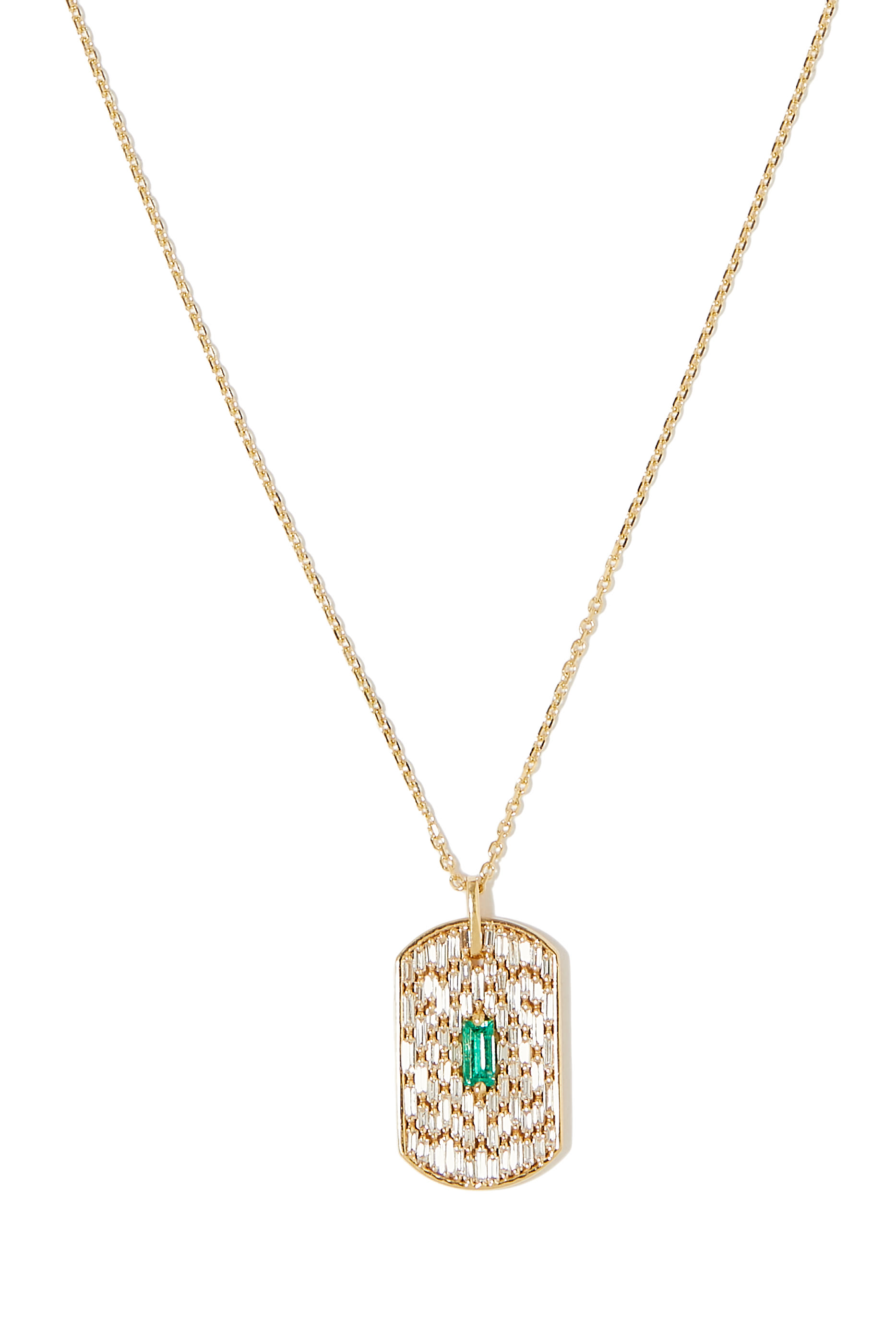 Dog Tag Chain Necklace, 18K Yellow Gold with Emerald & Diamond
