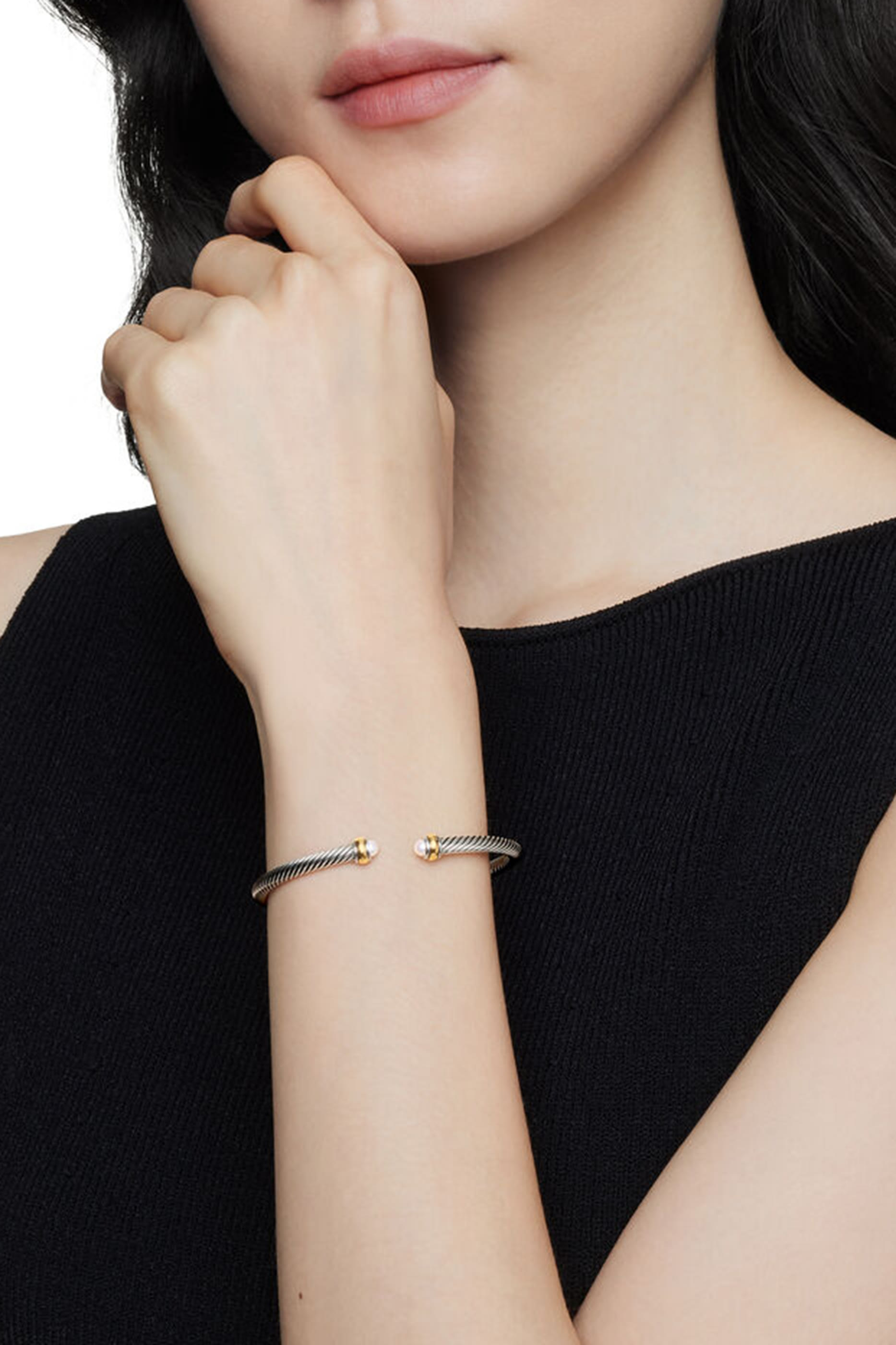 Classic Cable Bracelet, 18K Yellow Gold with Sterling Silver & Pearls